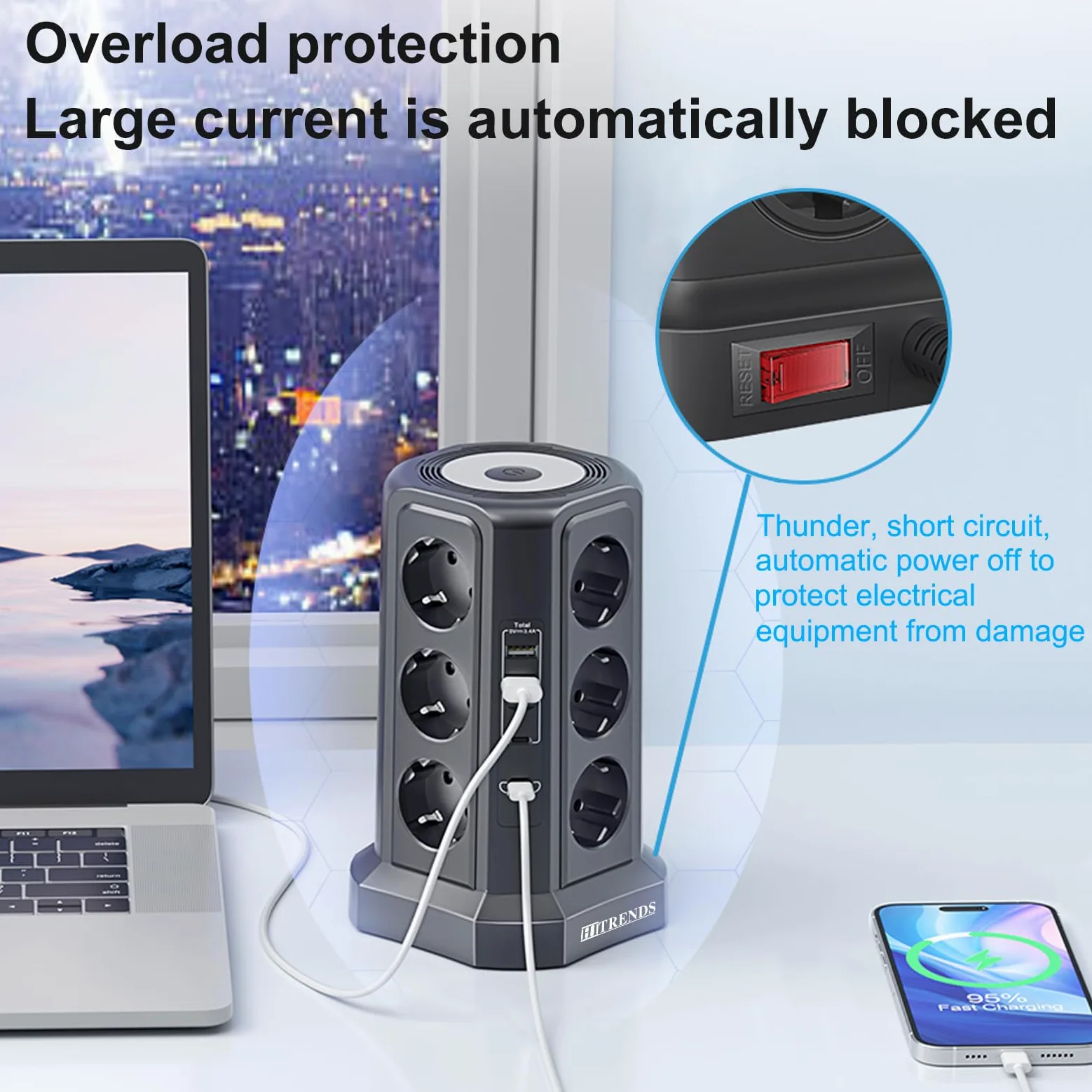 Ciabatta elettrica a 12 prese con 2 USB-A e 2 USB-C, 4000 W LED con interruttore, cavo da 1,8 m, torre con protezione da sovratensione (nero)