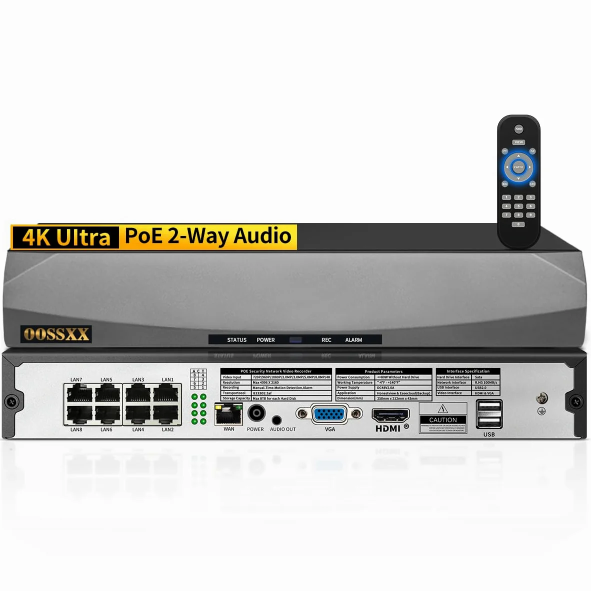 OOSSXX videoregistratore di rete di POE NVR di sicurezza di 8.0/4K Megapixel, nessun HDD | Supporta telecamere IP fino a 8 MP/4K, disco rigido da massimo a 8 TB, accesso remoto app gratuito, senza canone mensile