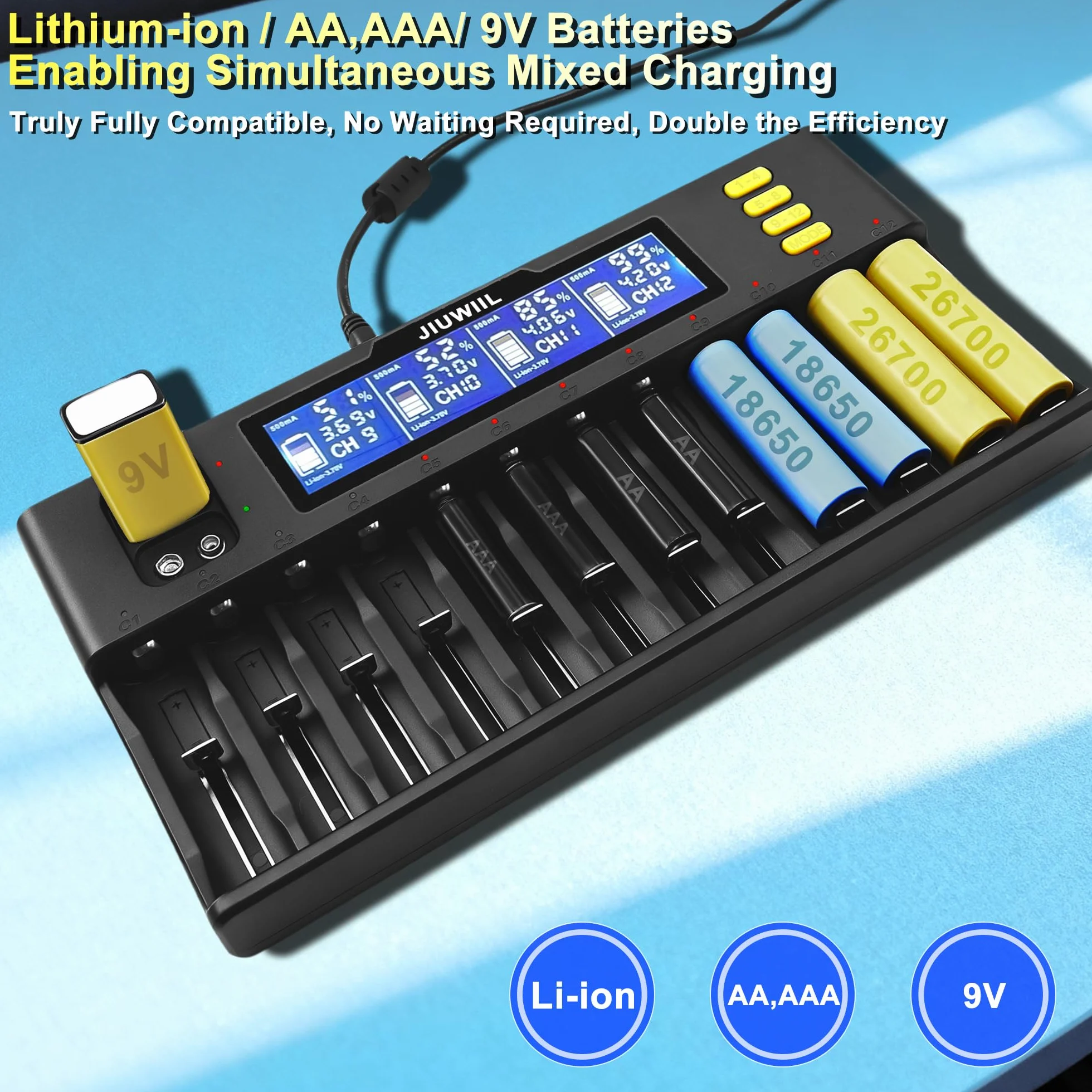 Caricabatterie 18650, JIUWIIL 12+2 slot Caricabatterie universale a ricarica rapida con display LCD per batterie ricaricabili Li-ion LiFePO4 RCR123 18650 26650 10440 14500 & 9V