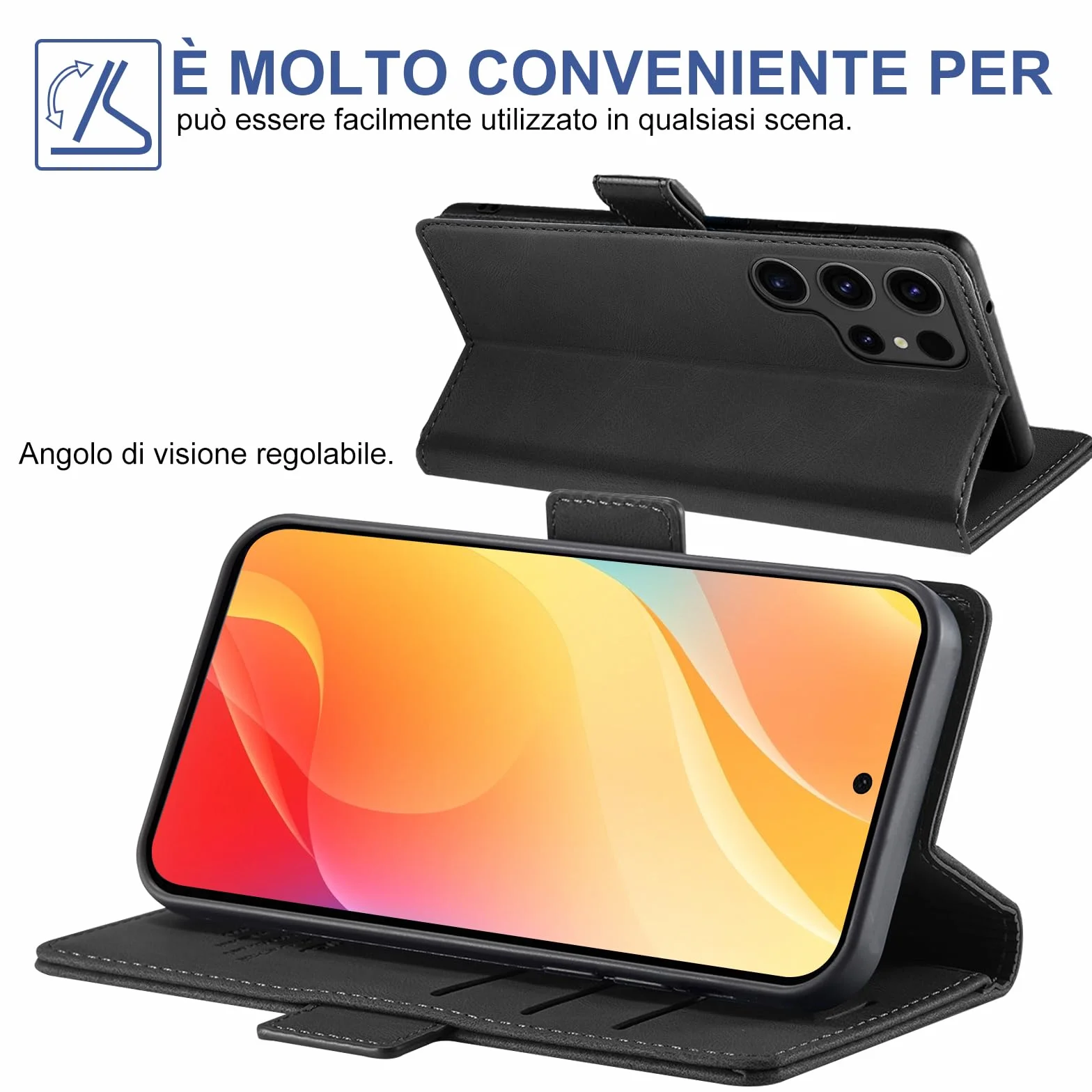Cover per Samsung Galaxy S24 Ultra Custodia con Vetro Temperato, Premium PU Portafoglio Slot per Scheda RFID Antifurto Funzione Supporto Flip Case, Antiurto per Samsung S24 Ultra 5G Cover (Nero)