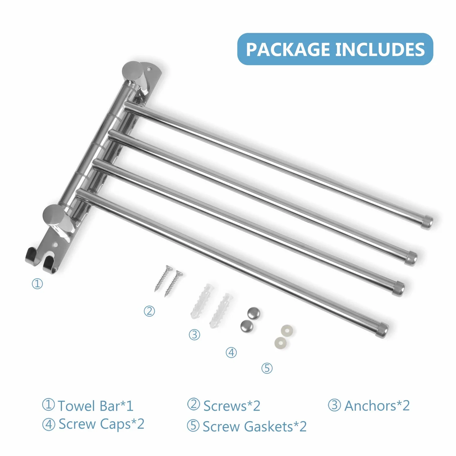 Porta Asciugamani 34CM a 4 Bracci Rotanti Acciaio Inossidabile da Muro per Bagno e Cucina