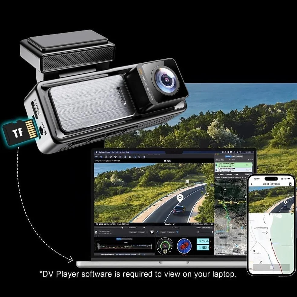 Osmo Dashcam Pro, Dashcam Wireless Per Auto, Anteriore E Posteriore Con Scheda Da 64 GB E Controllo Wi-Fi/app, Telecamera Per La Retromarcia, Registrazione In Loop, Monitoraggio
