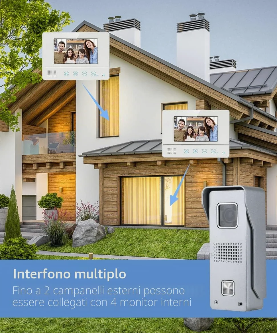 Videocitofono Cablato Monitor a Colori da 7", Citofono Smart con Videocamera Campanello Cablato Visione Notturna IR Domestico Citofono