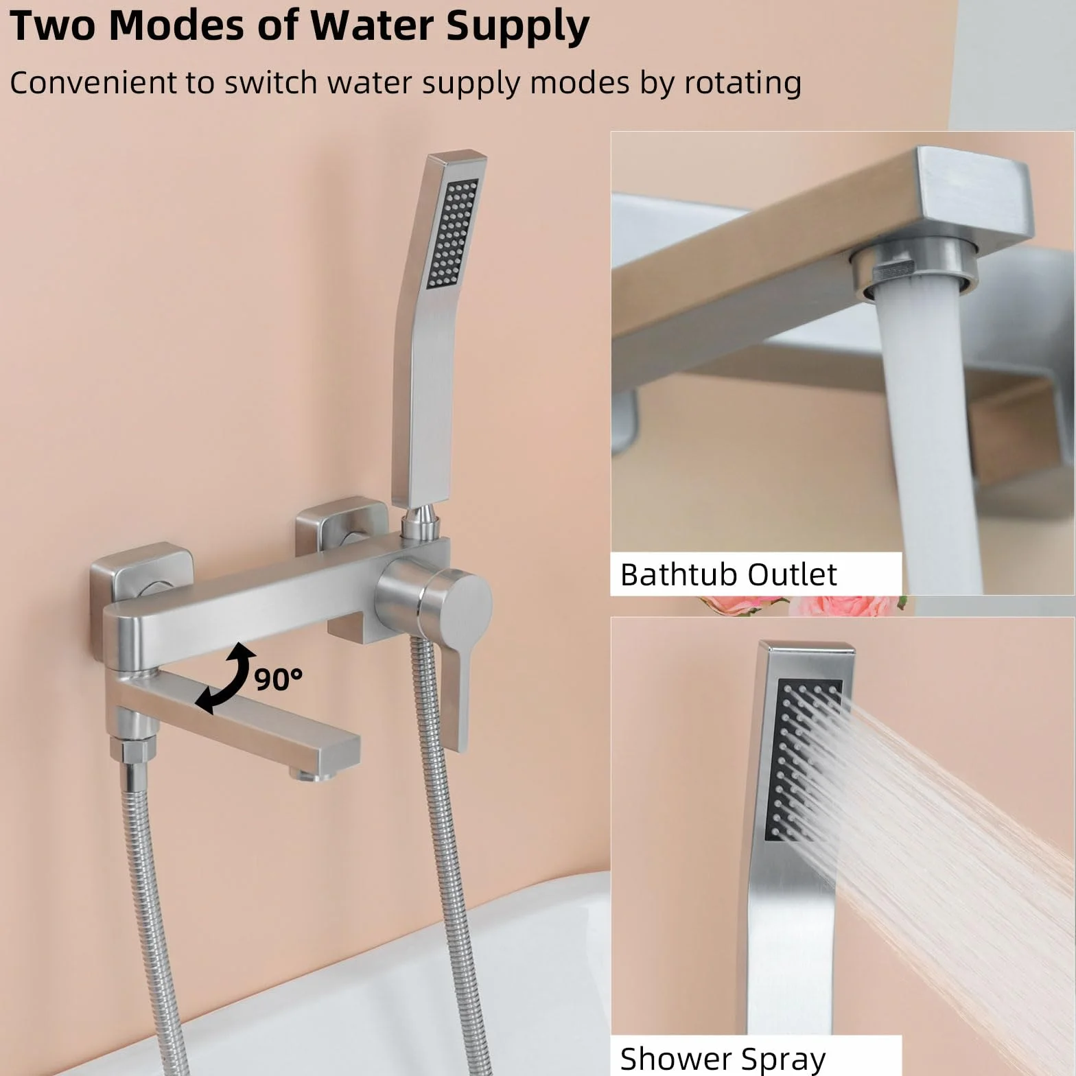 PHASAT Rubinetti per Vasca con Doccetta, Miscelatore per Doccia per Bagno, Rubinetto a Parete Bagno Bocca girevole a 90 °, Nichel Spazzolato PTBL17E
