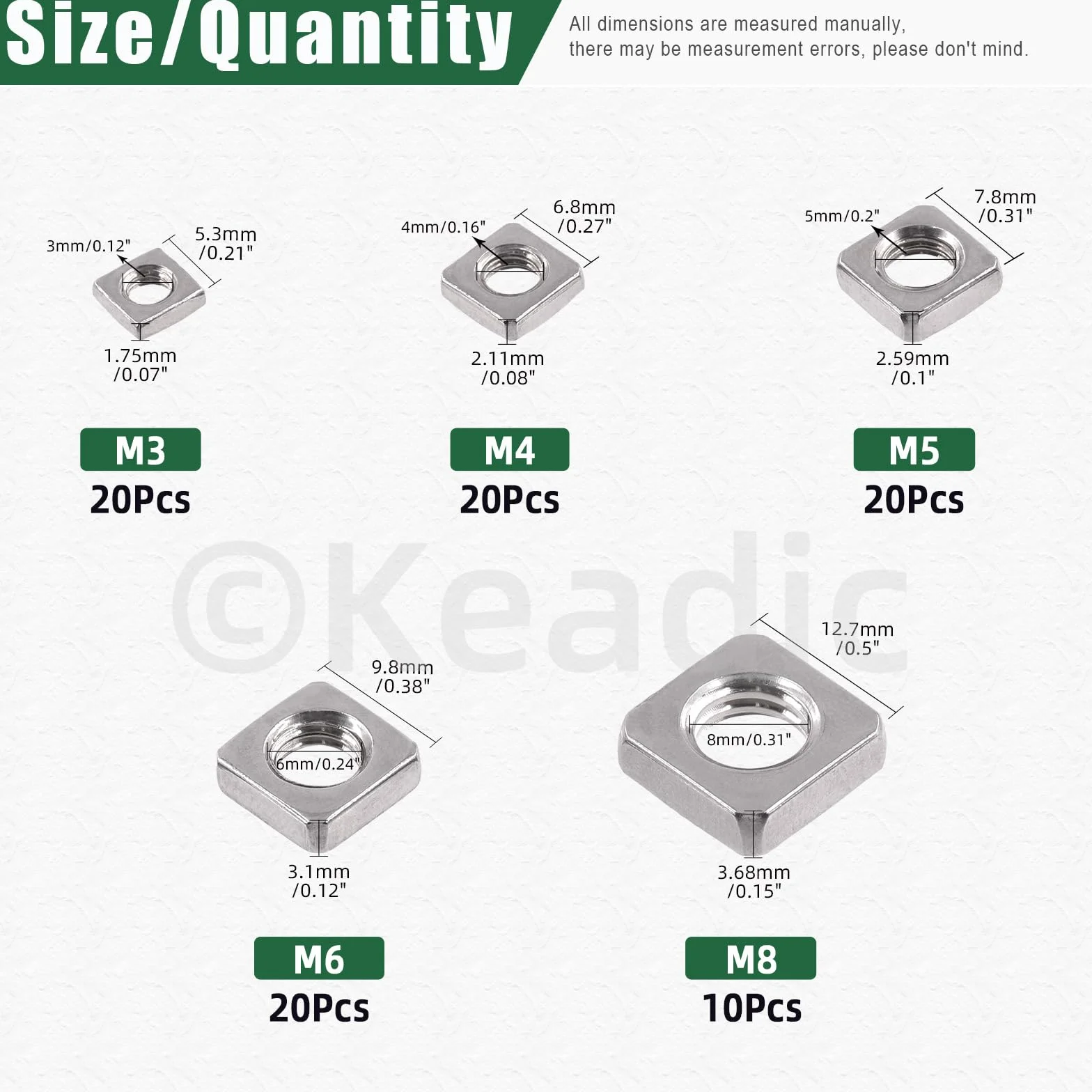 Keadic Set 90 dadi quadrati in acciaio inox 304 M3 M4 M5 M6 M8