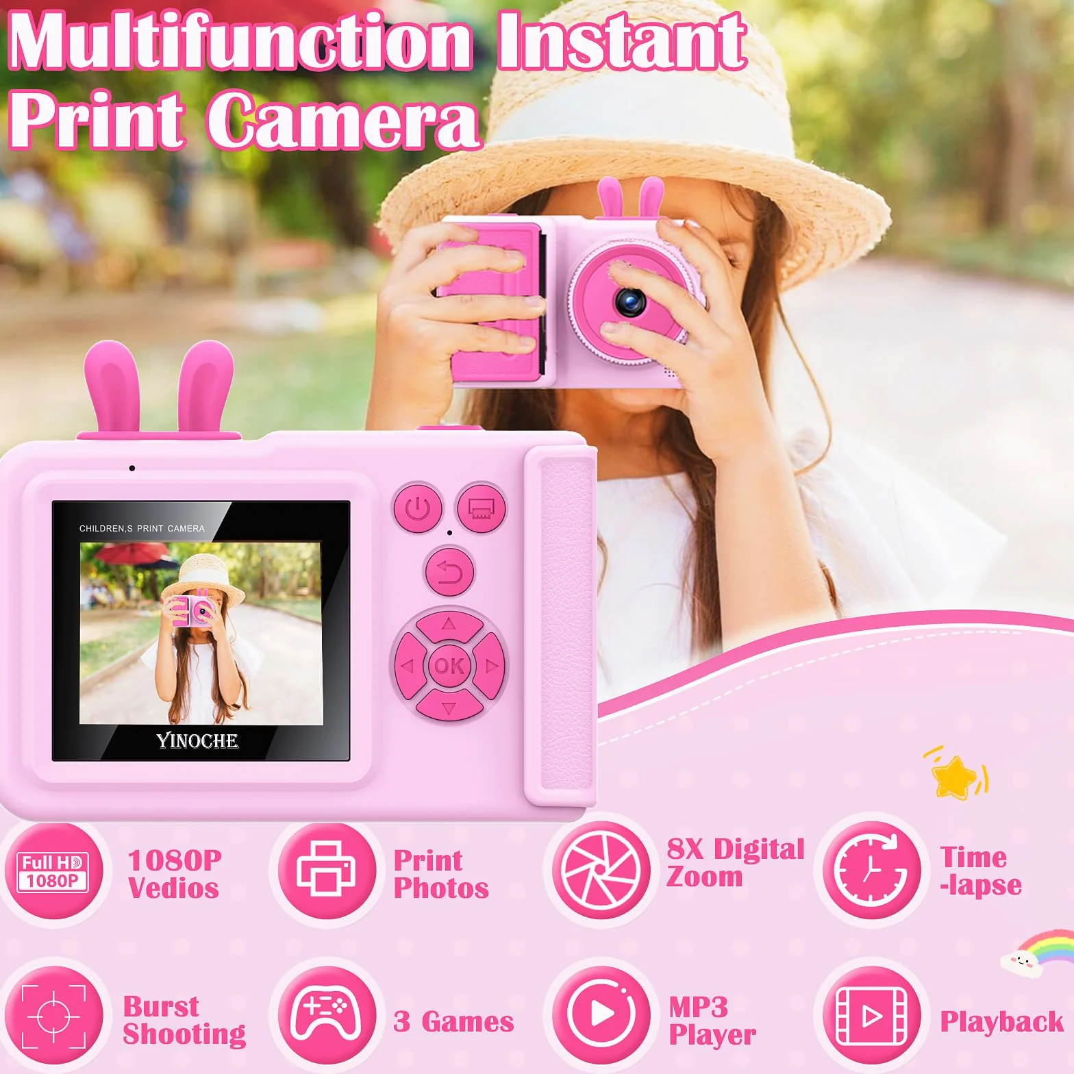 YINOCHE Fotocamera per bambini, stampa istantanea, fotocamera per bambini con foto stampabili, giocattoli per bambini dai 3 ai 14 anni, fotocamera digitale, regalo di compleanno per ragazze (rosa)