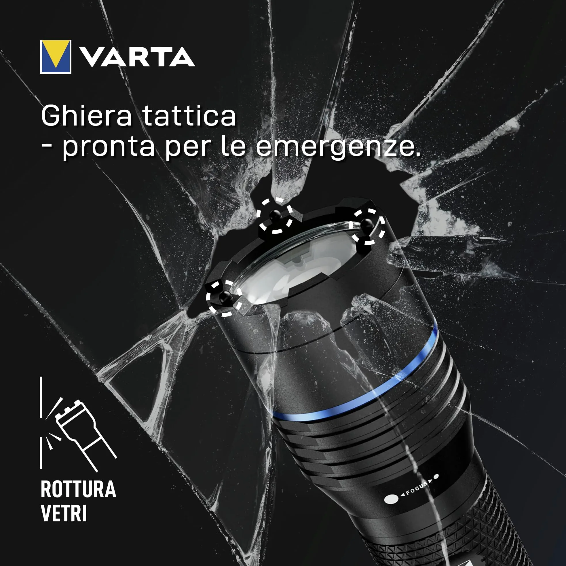 VARTA Torcia tattica LED, Night Cutter Pro F20R Tactical, 1000 lm | 5 modalità di luce, funzione rompivetro, IP67, alluminio aeronautico, USB C, fondina da cintura, ricaricabili