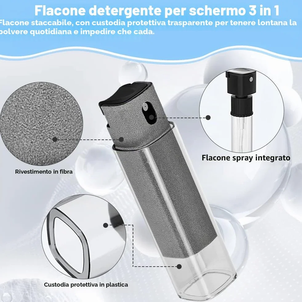 REFORUNG 3 Pz Pulitore per Schermo a Prova di Impronte Digitali 2 in1 Spray Detergente per Schermo del Telefono 2 in 1 Bottiglia Spray Pulisci Schermo e Panno per Tutti i Telefoni, Superficie in Vetro