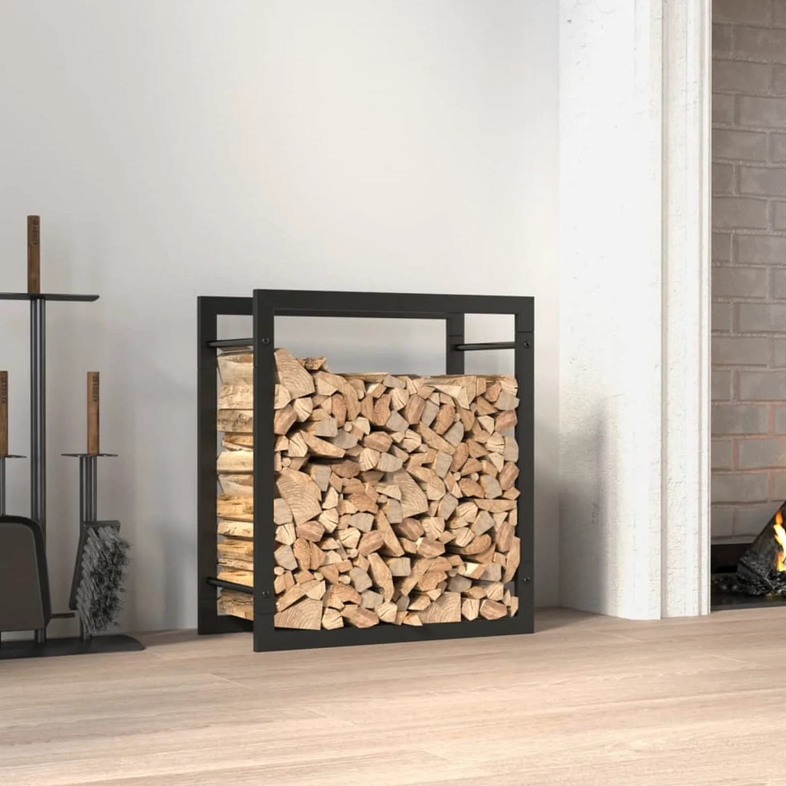 Homgoday Portalegna Nero Opaco 50x28x56 cm in Acciaio, Portalegna da Interno, Portalegna da Ardere, Porta Legna per Camino, Legnaia da Interno, Impilabile Stufa Ripiano Legno