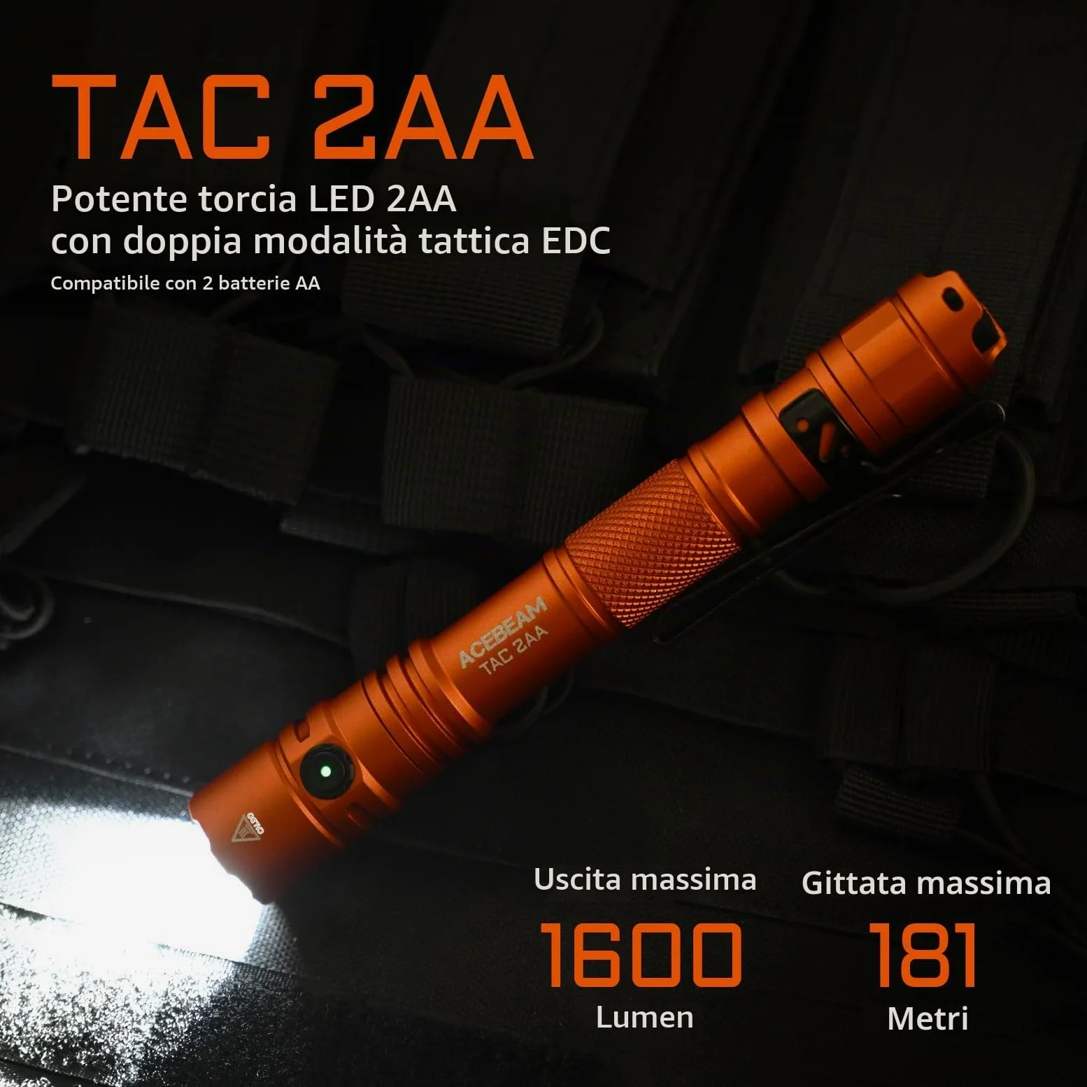 ACEBEAM TAC 2AA EDC Torcia Tattica a Doppia Modalità Ricaricabile, LED Tascabile a Doppio Interruttore, 1600 Lumen, Torcia Super Luminosa per Emergenze, Casa