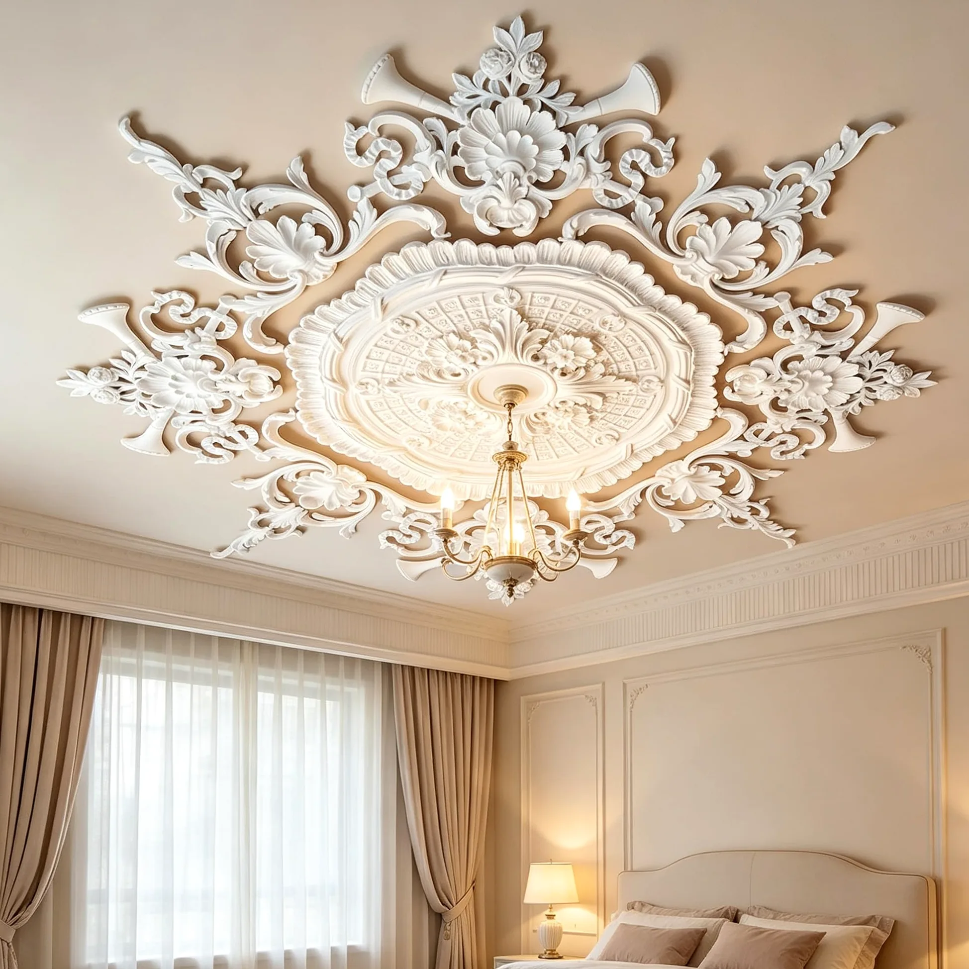 120cm Rosone Lampadario Soffitto Bianco Polistirolo Decorativo | Medaglione del Ventilatore Rotonda Moderno per Pareti Portalampada