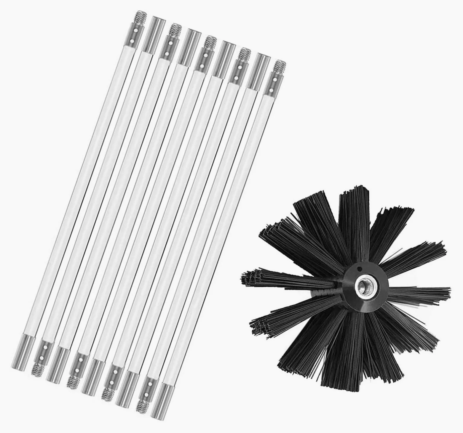 Set di spazzole per la pulizia del camino, 100 mm, in nylon, con 9 aste flessibili e 1 testina (9 aste, 610 mm)