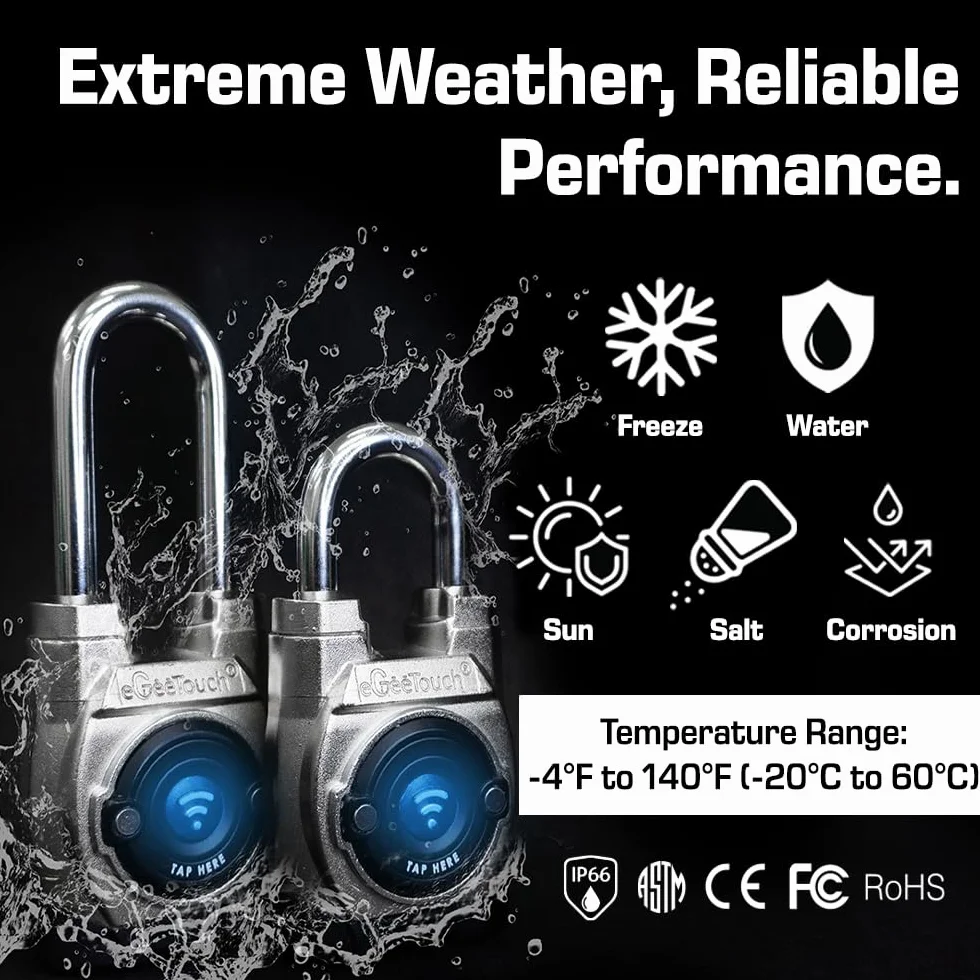Lucchetto intelligente per esterni, IP66, resistente alle intemperie, design robusto per uso commerciale, Bluetooth + NFC (gancio corto), confezione da due