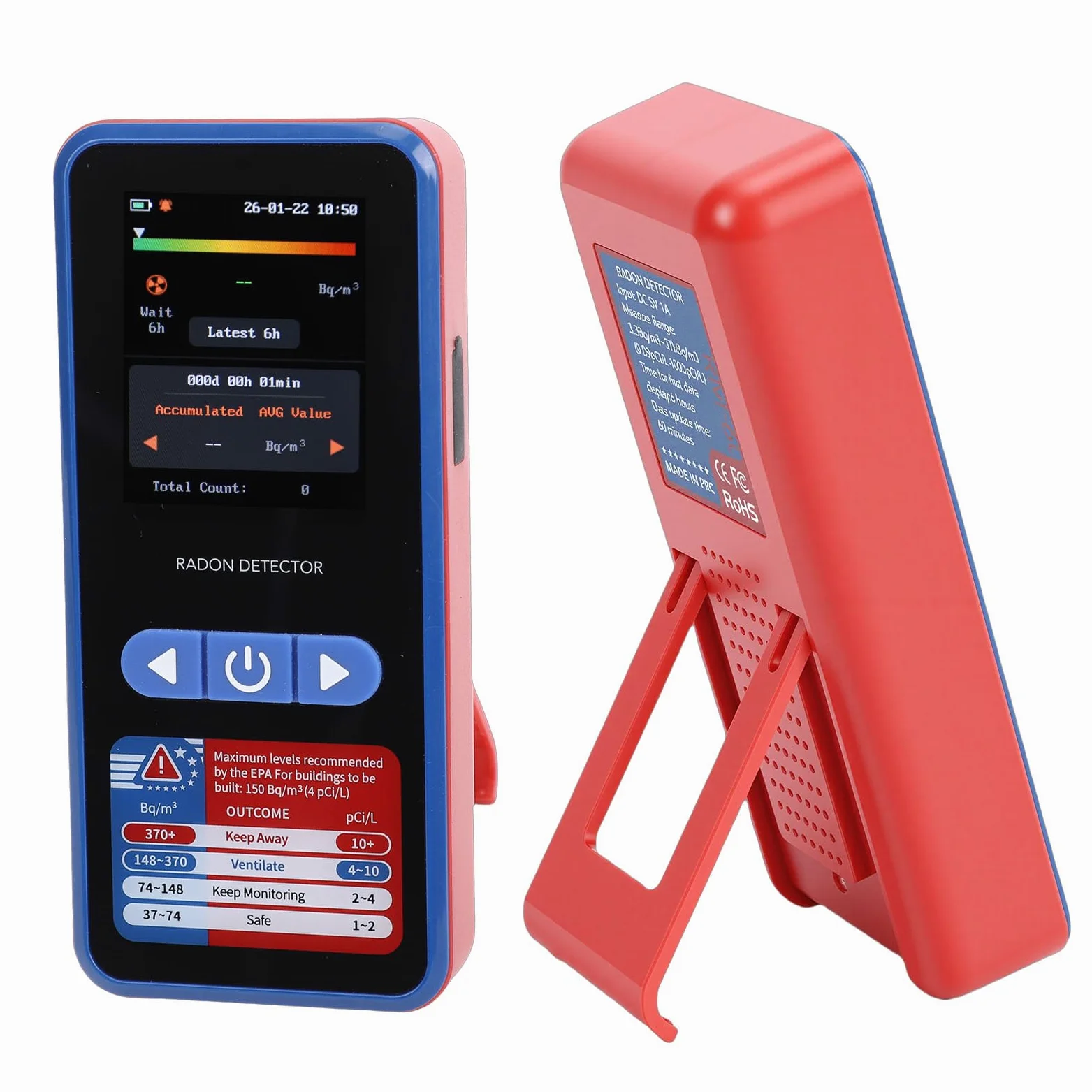 Rilevatore di Radon, Monitor di Radon con Portata 3,3-37k Bq/m, Sensore di con Batteria da 2000 MAh e Archiviazione Dati per 504 Giorni, Ideale per l'uso nel Seminterrato di Casa