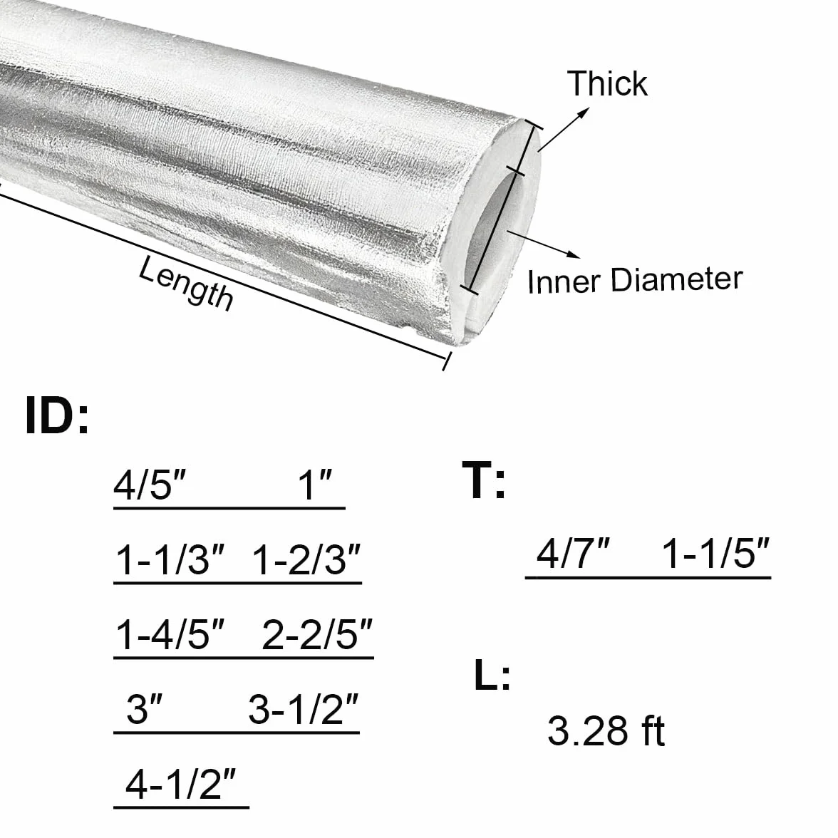 Tubo in schiuma isolante per tubi in alluminio autoadesivo (1 m, 1 confezione) (ID 4/5 ″ x T 4/7 ″)