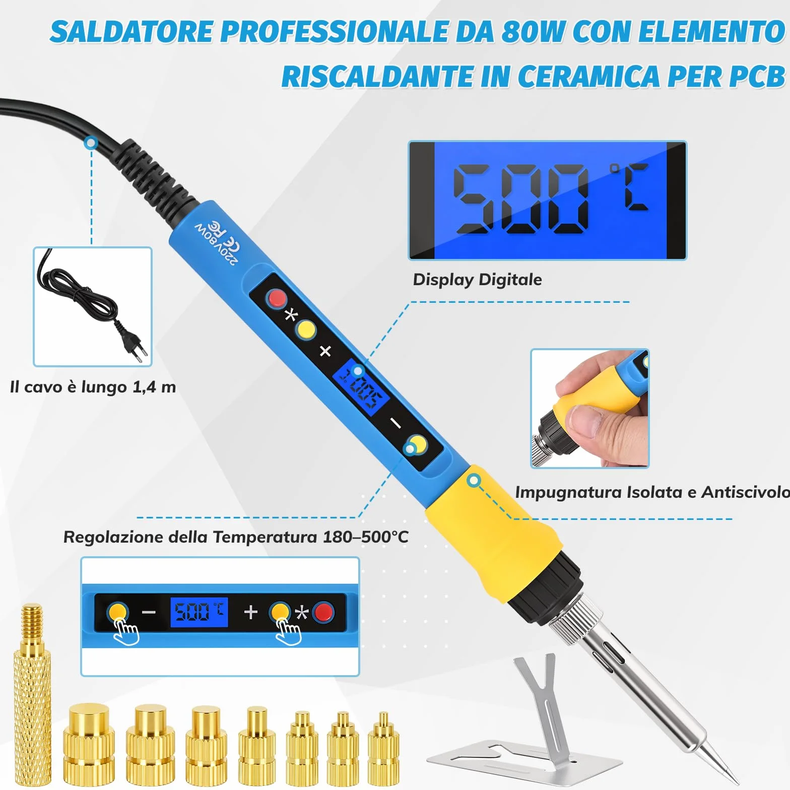 Inserti Filettati 400 pz con Saldatore 80W, Temperatura Regolabile 180–500°C, 7 Punte, M2/M2.5/M3/M4/M5/M6/M8 per Stampa 3D e Plastica