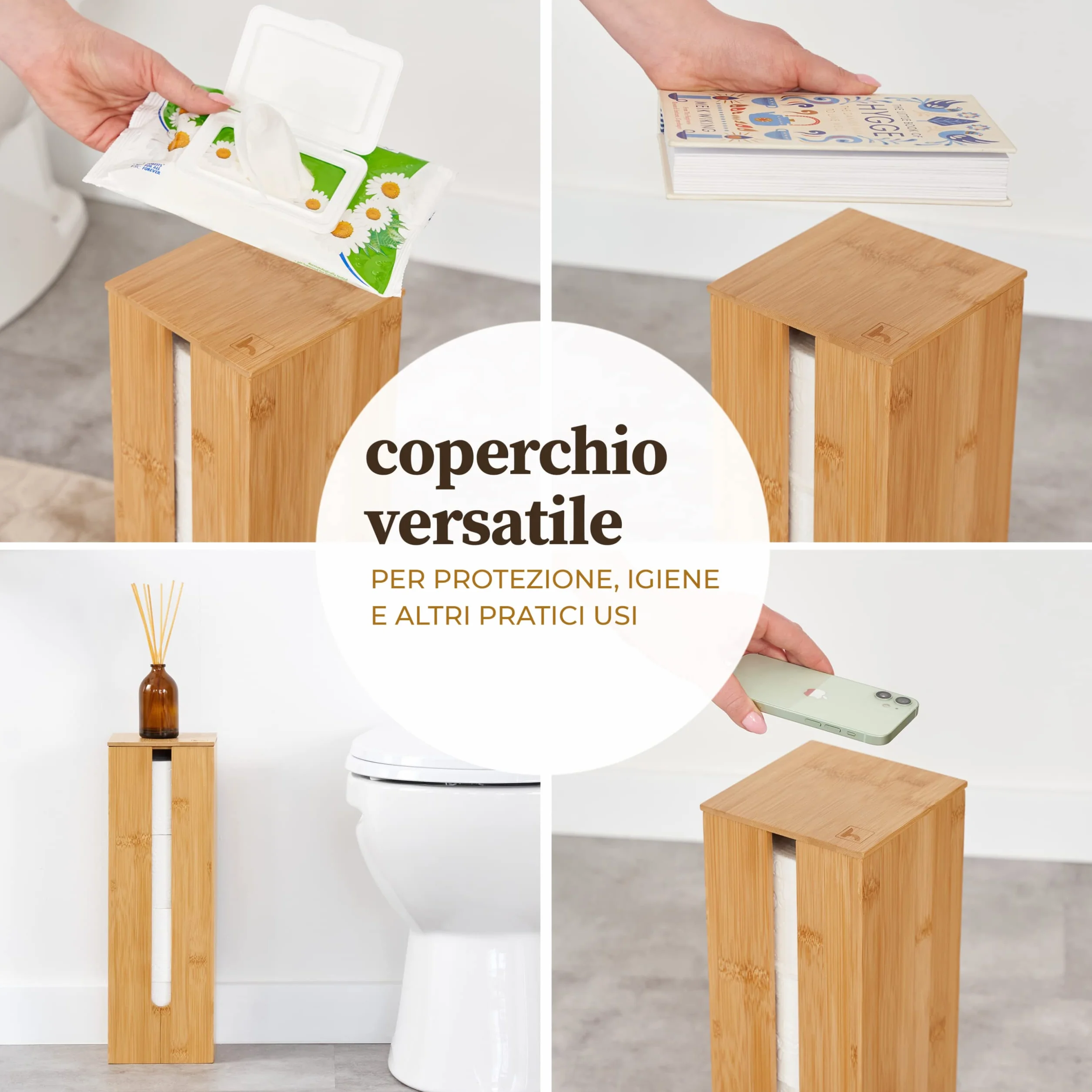 HENNEZ Porta Carta Igienica da Terra Legno di Bambu Chiuso - Portarotolo da Terra Contenitore - Scorta Mobile Bagno Legno