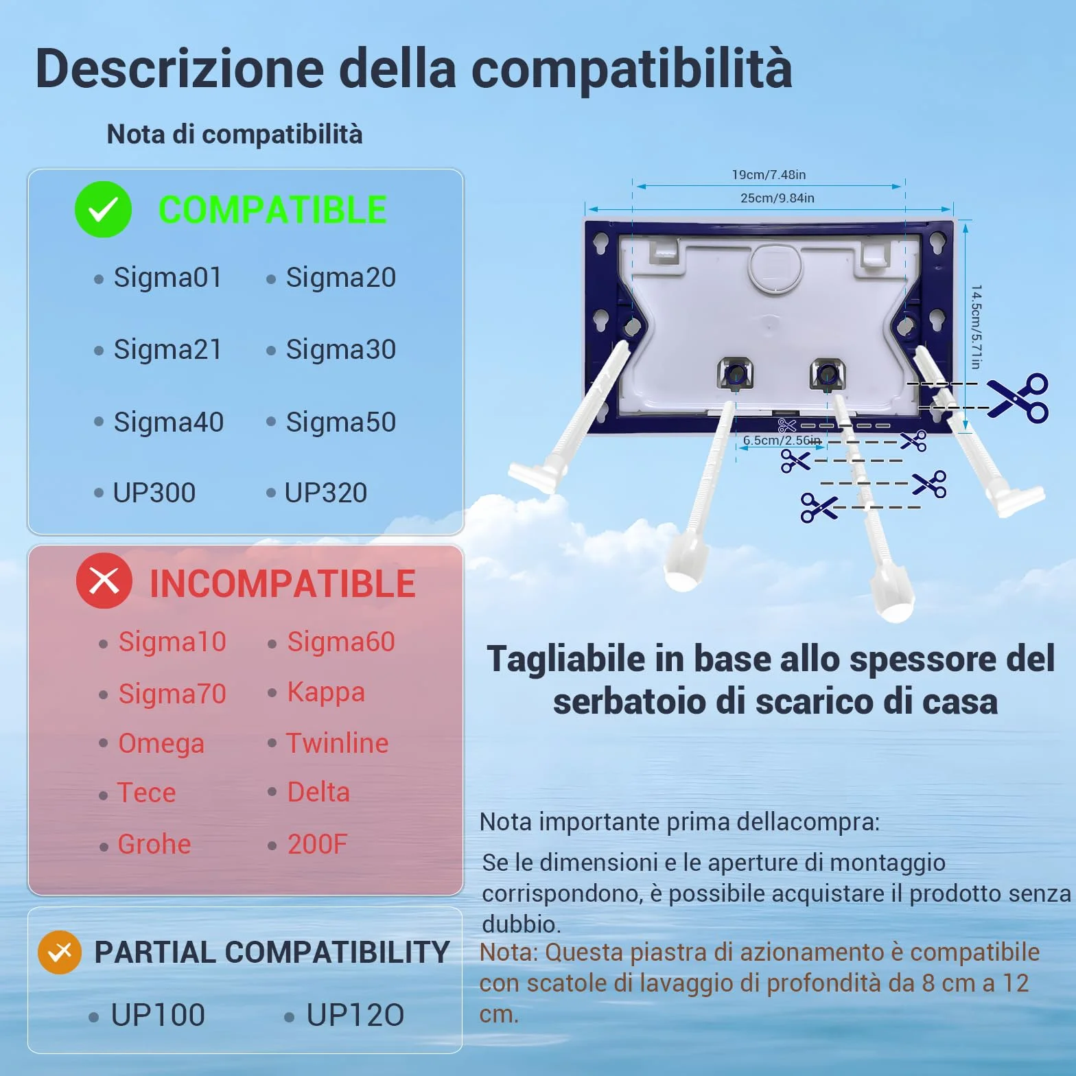 Placca di Comando WC Geberit Sigma UP300 UP320 Doppio Scarico 243×163 mm Argento