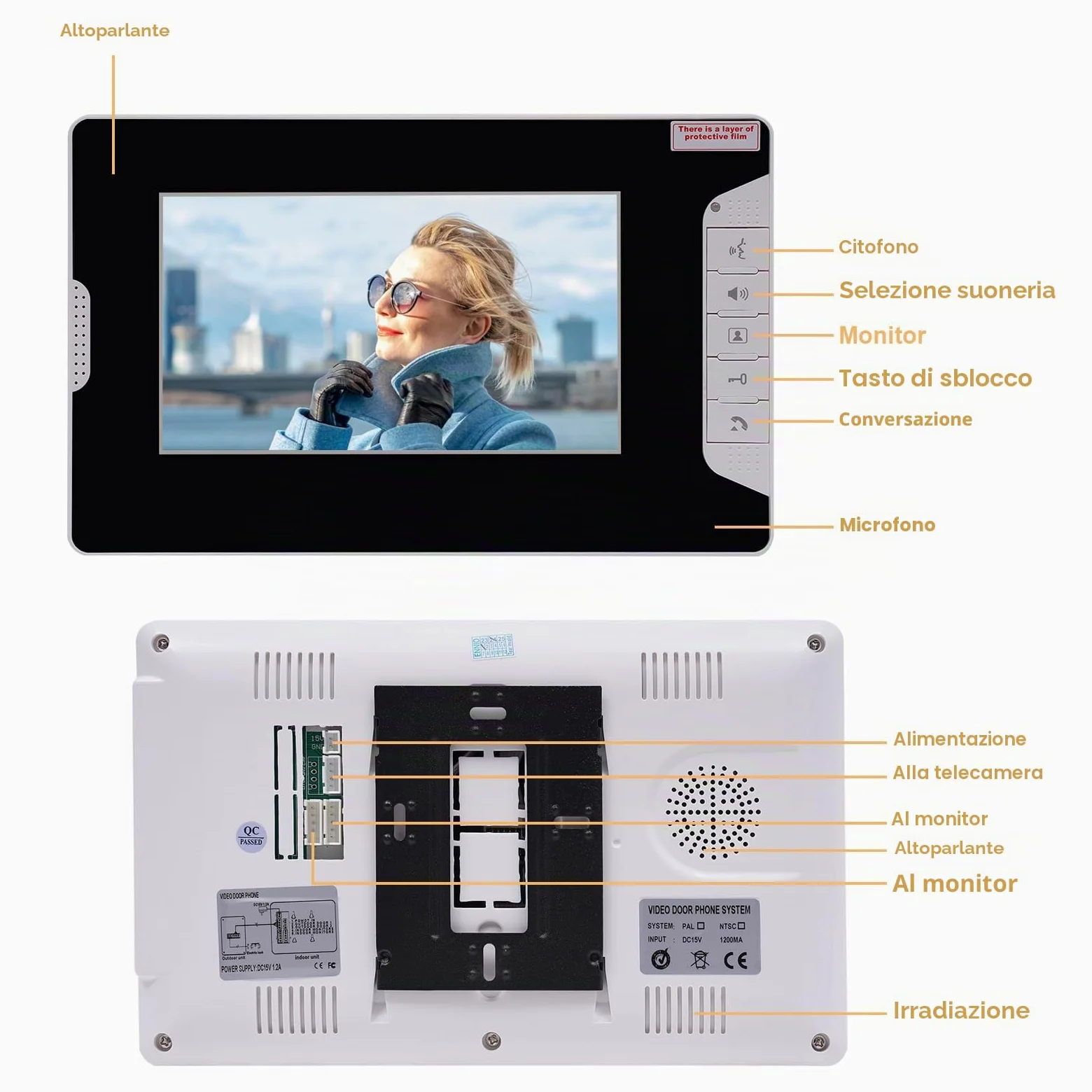Citofono Video Domestico Videocamera Campanello Monitor Kit Casa Familiare Telefono Porta Filo Audio Videocitofono Senza Fili Esterno Telecamera Suoneria Rilevamento Campanello Monitor