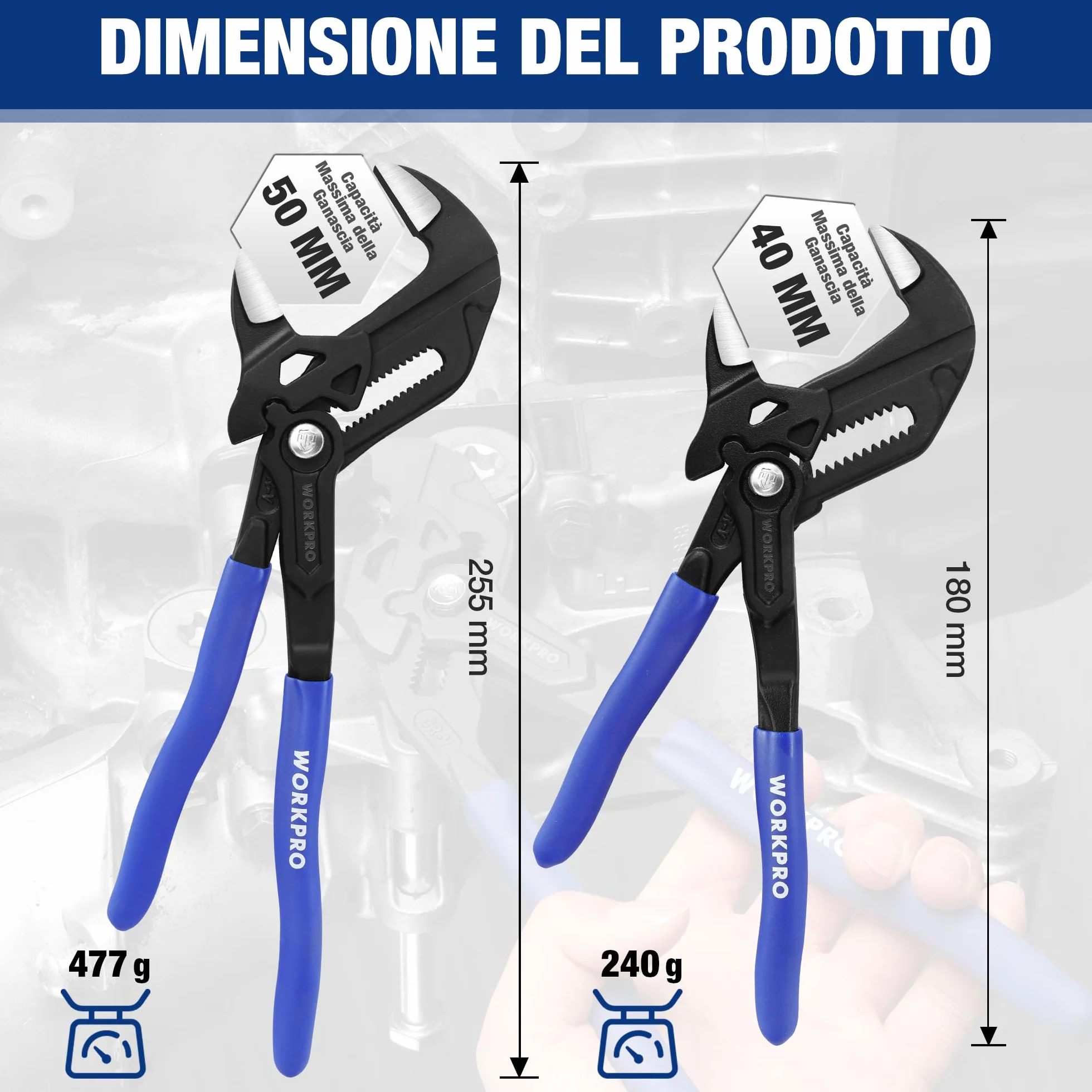 WORKPRO Pinza Chiave a 2 Pezzi 180 mm 255 mm Set Cr-V Chiave Regolabile Apertura 40 mm 50 mm