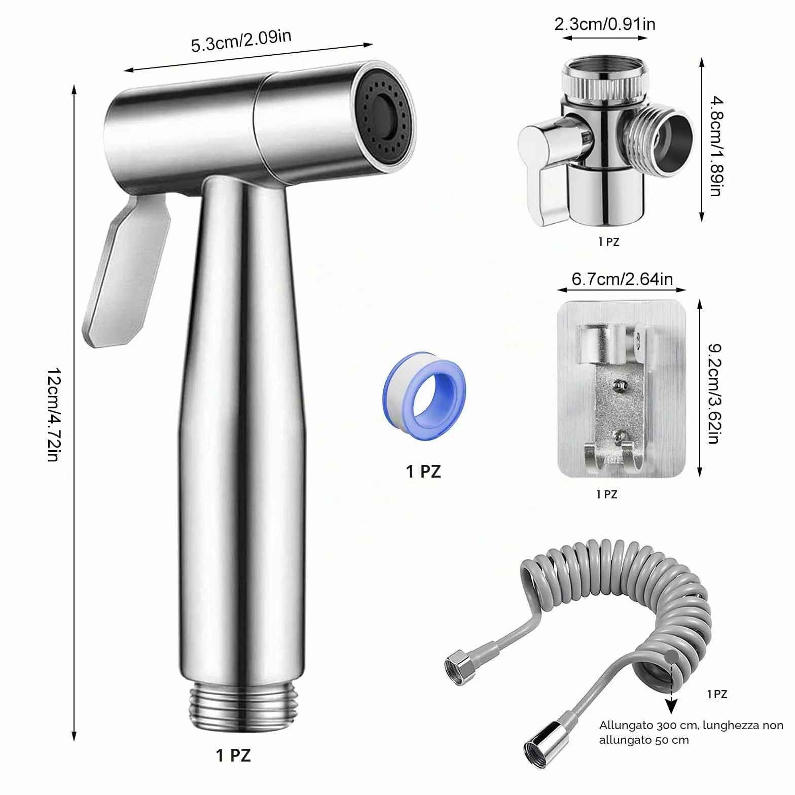 Tubo doccia telescopico 3m con set doccetta bidet, nastro adesivo per spruzzatore