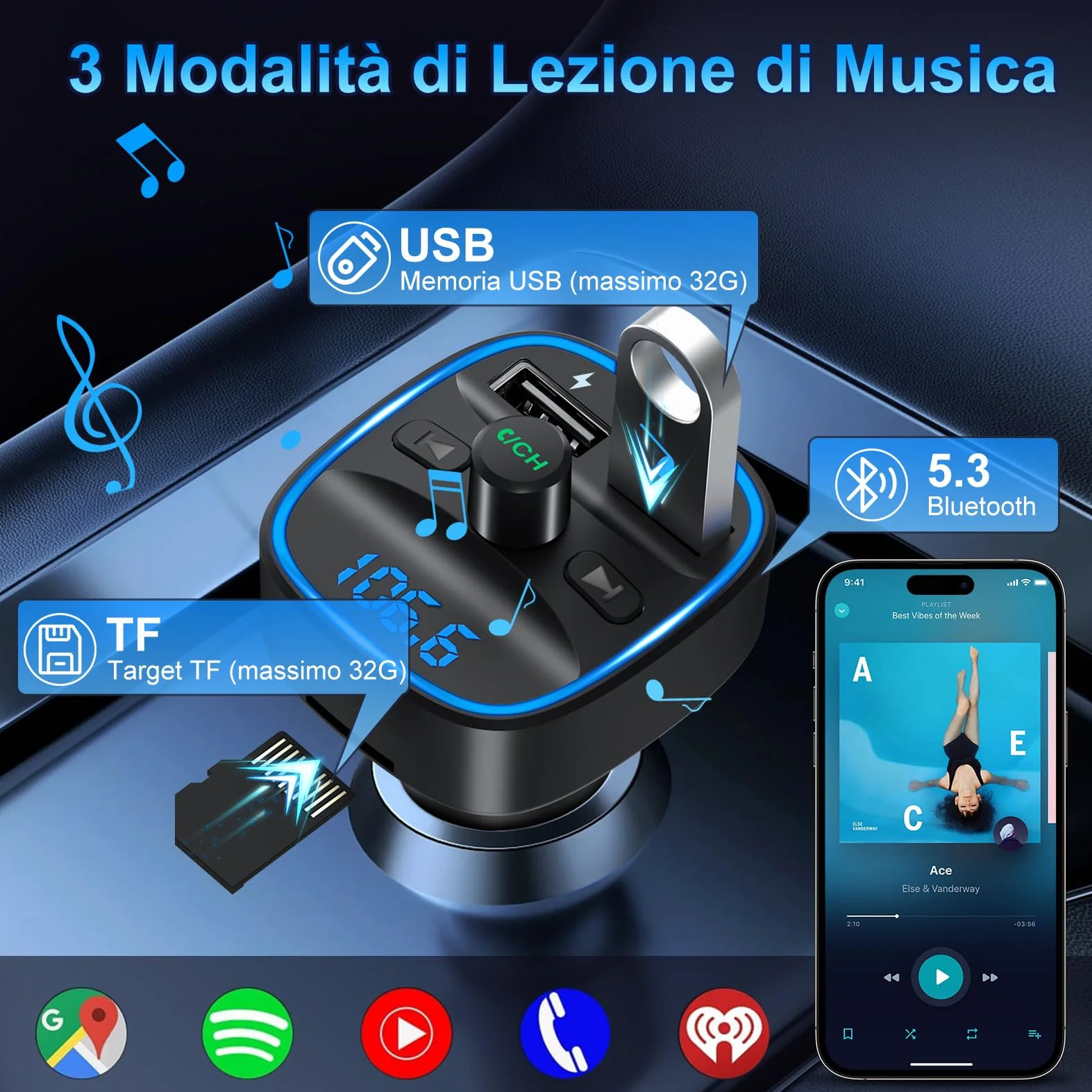 Trasmettitore FM Bluetooth 5.3 per Auto Radio, Adattatore Bluetooth Auto con 2 Porte USB, Kit Vivavoce MP3 Audio Lettore Caricabatterie Auto Supporto BT, Scheda TF, Disco USB
