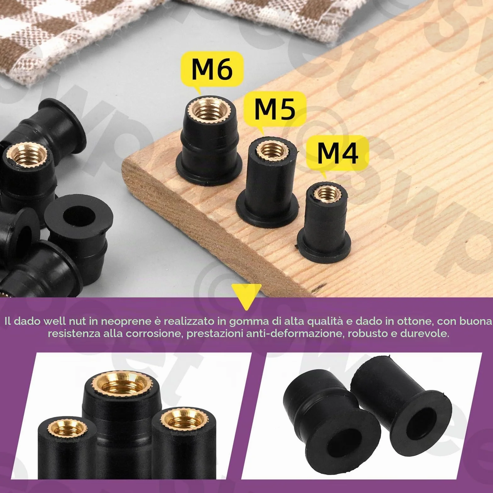 Swpeet Set di 37 Dadi M4 M5 M6 in Gomma Nera Ondulata per Parabrezza, Fissaggio, Rivestimento Moto e Neoprene - Espansione in Ottone per Canoa