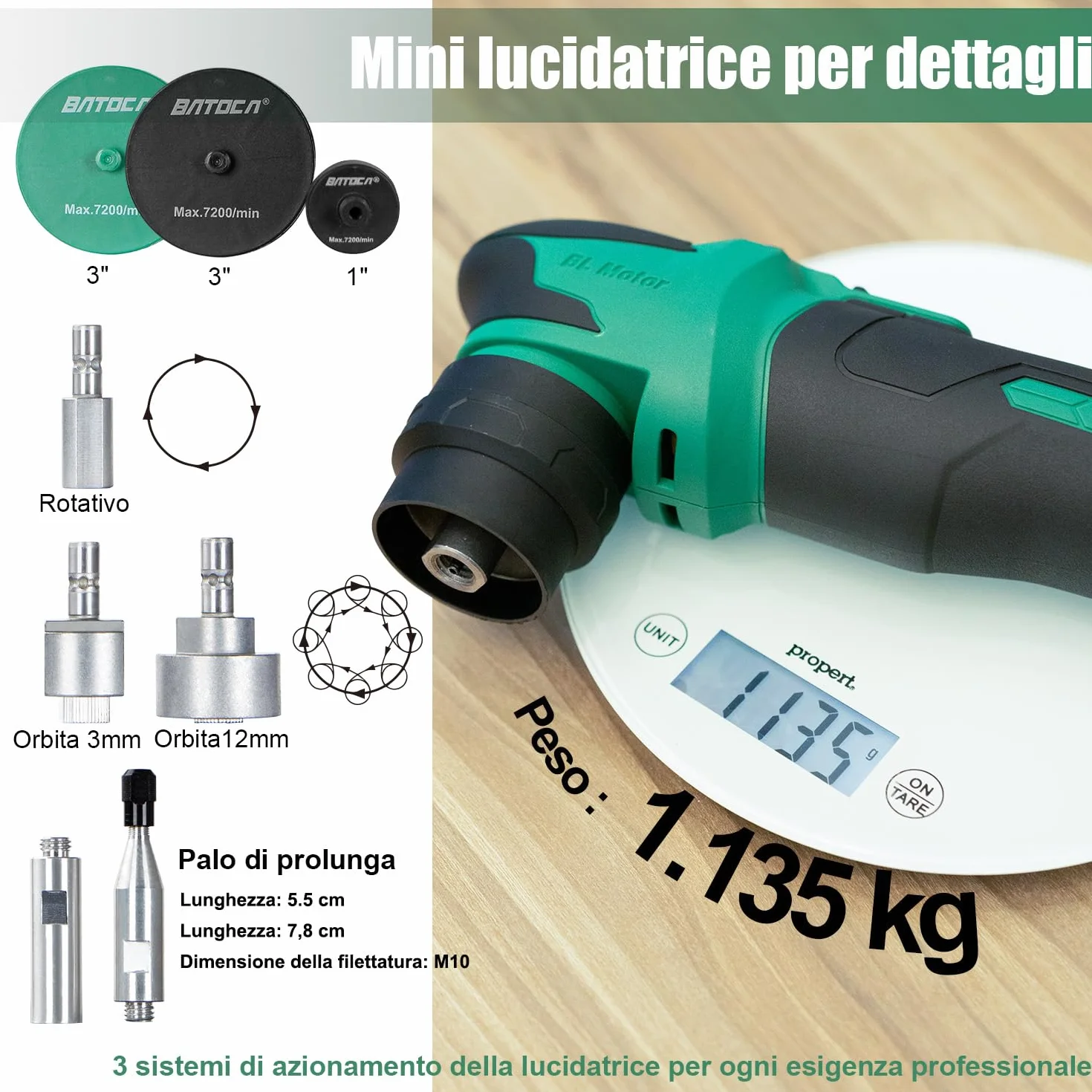 BATOCA S4 Lucidatrice Orbitale Rotativa a Batteria 12V 2.5Ah 2000-5500RPM Kit Lucidatura Auto