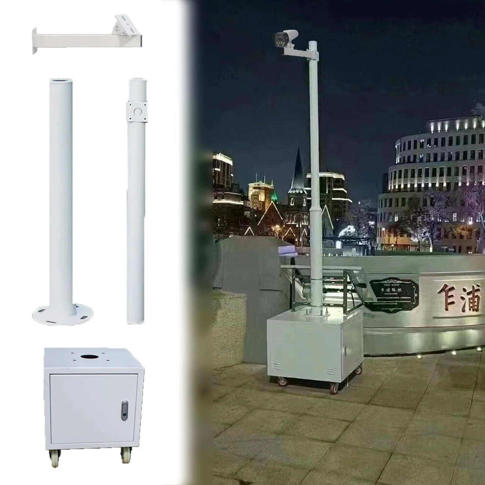 Palo Telecamera Palo di Sorveglianza Angolare per Esterni, Palo per Telecamera di Sicurezza con Ruote e Base Portaoggetti, Staffa di Sorveglianza Alta 2.7 m(Single Gun)