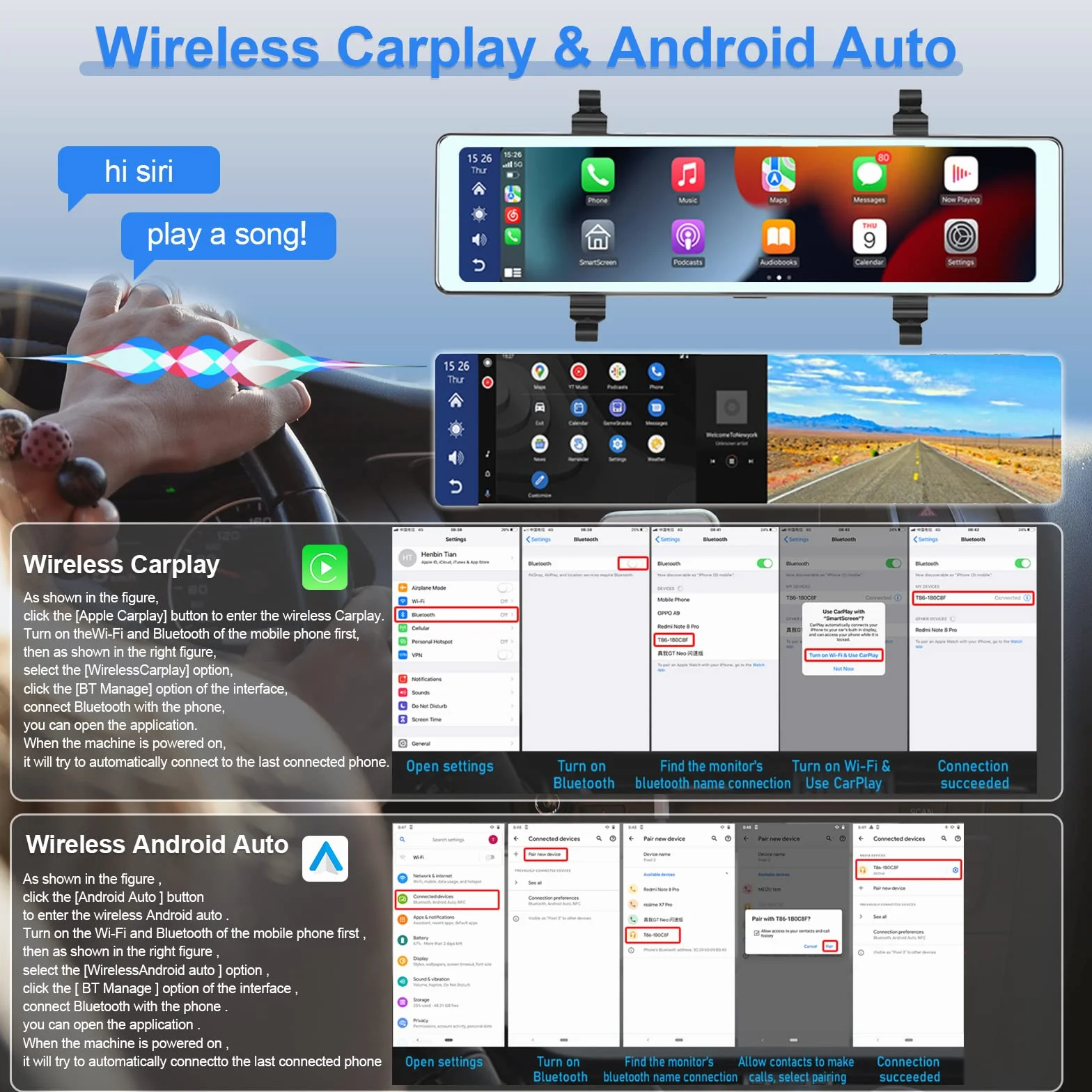 Specchio Retrovisore Auto Dash Cam Carplay Android Auto, Bluetooth, 11,26 Pollici Touchscreen IPS Specchio Retrovisore DVR, Anteriore e Posteriore Telecamere WDR, Specchio Dash Cameras FM, AUX in