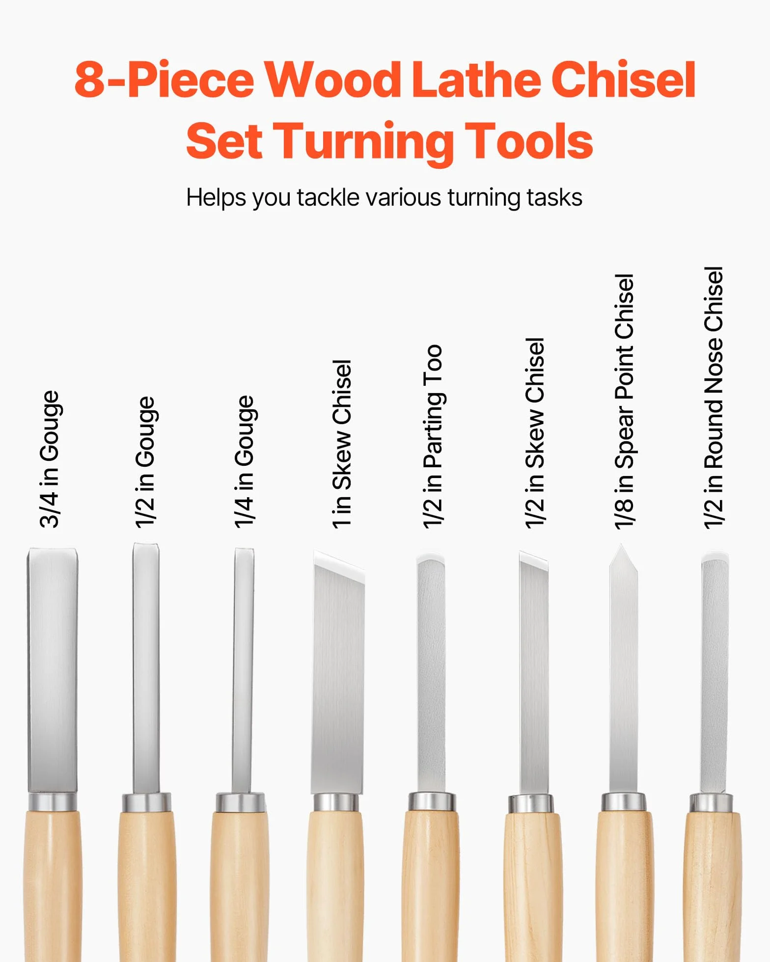 VEVOR Set di Utensili per Tornitura per Legno 8 pezzi, Set di Scalpelli per Tornio Lama in Acciaio al Carbonio, Strumenti per Tornitura Lavorazione del Legno Fai da te