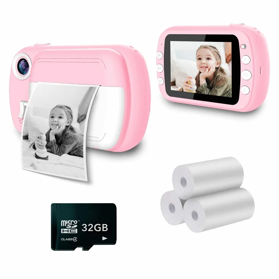 i-Paint P9 Macchina fotografica istantanea per Bambini, Stampa B/N su carta termica, Fotocamera 1080P Videocamera Digitale FHD, LCD da 3.5", Micro SD da 32GB, Colore Rosa