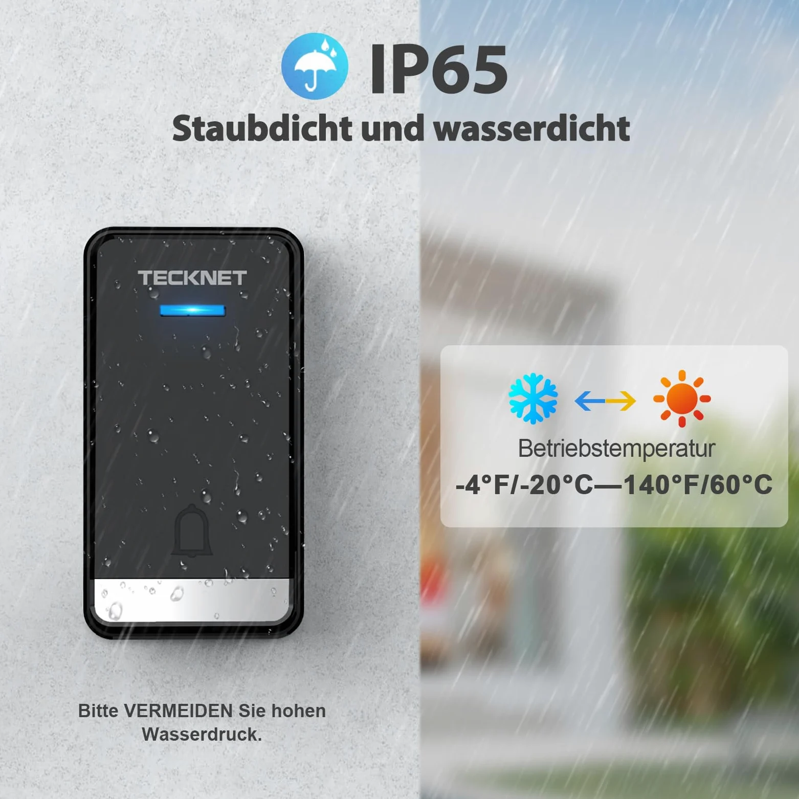 TECKNET Campanello senza fili esterno impermeabile con spina, 400 m portata campanello casa autoalimentato, IP65 campanello per porta senza batterie con indicatori LED, 60 melodie gamma, 5 livelli di