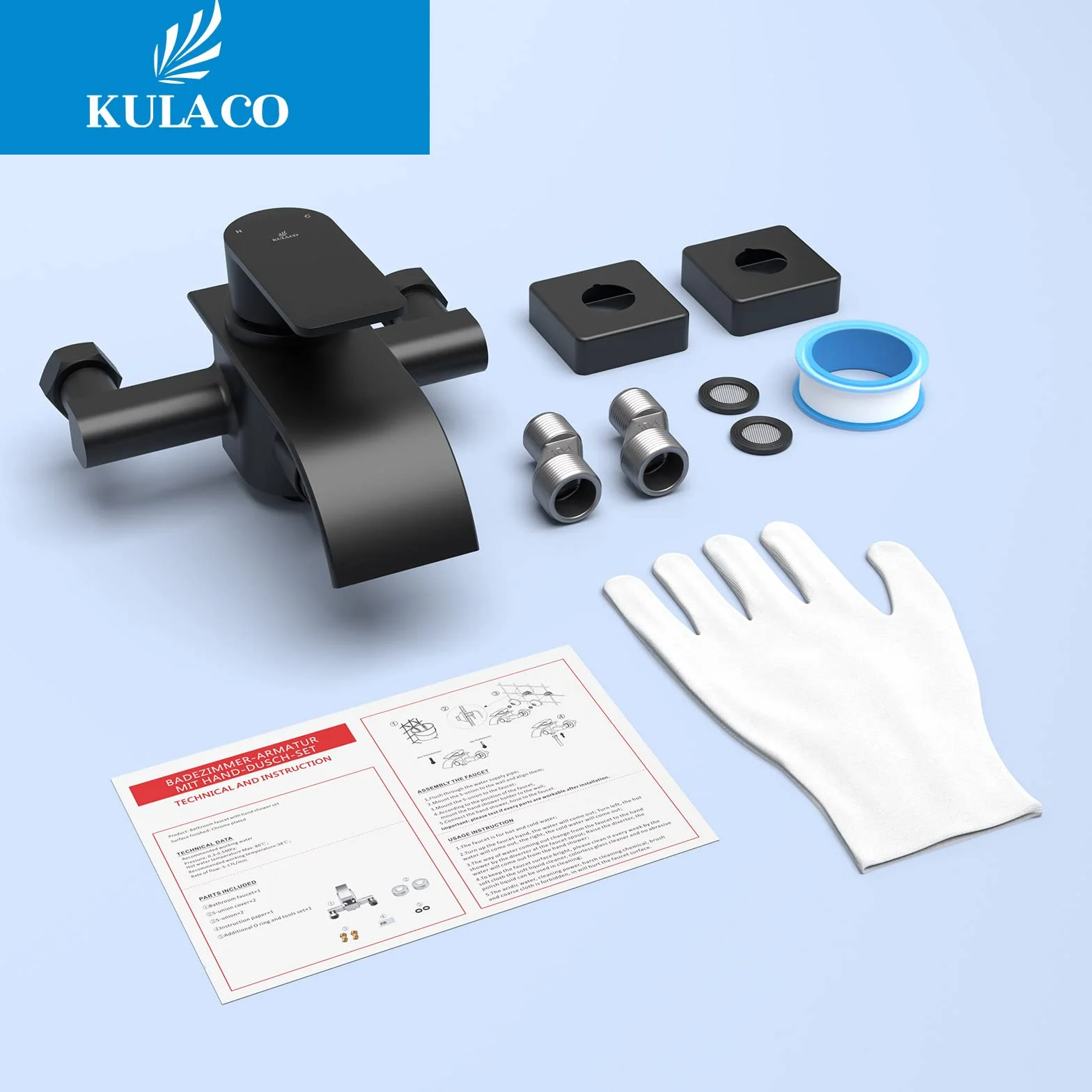 KULACO Rubinetto per Vasca da Bagno a Cascata, Nero, Monomando con Interruttore a Pressione, Materiale in Ottone, Reversibile, Montaggio a Parete
