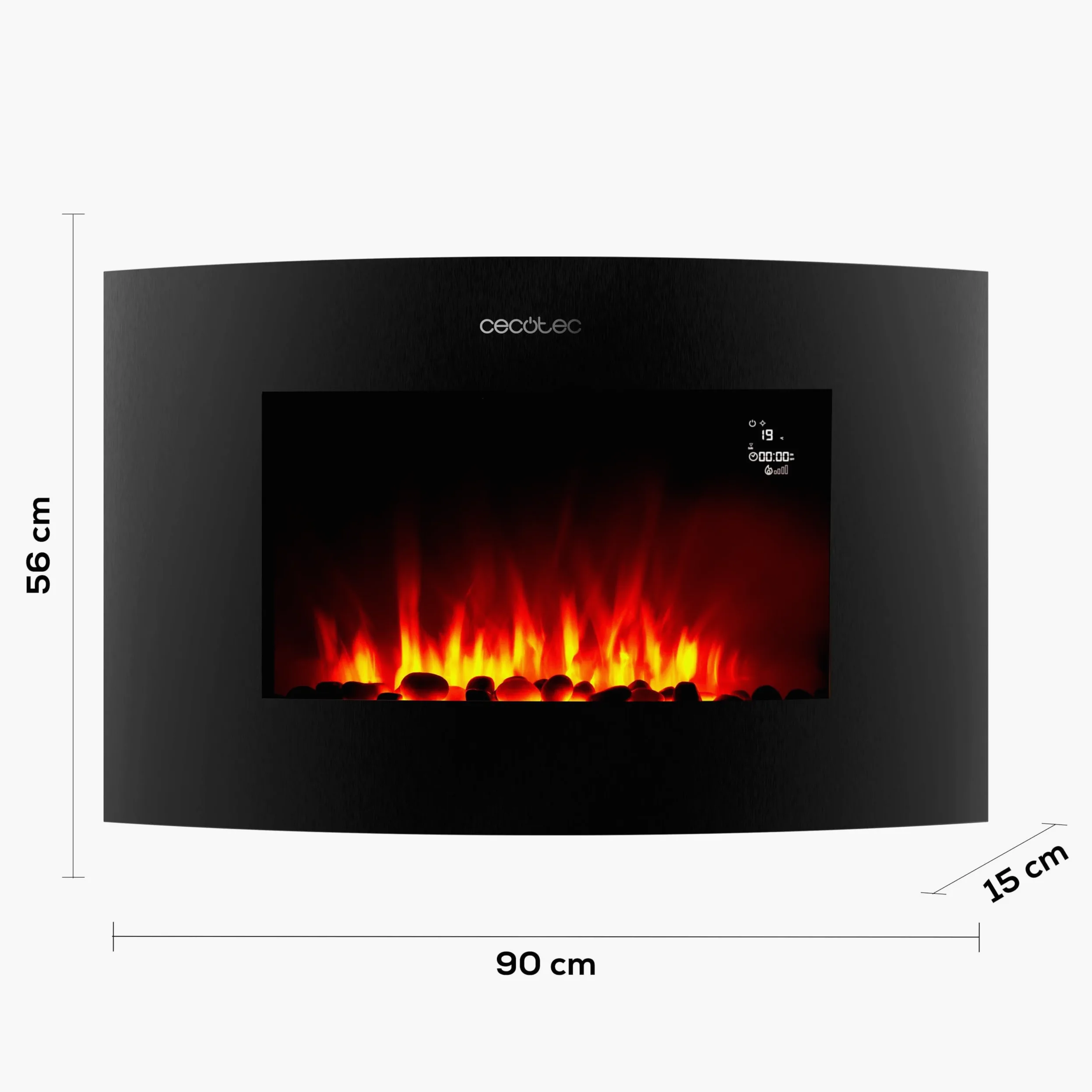 Cecotec Camino Elettrico Decorativo 35” con Telecomando e Wifi ReadyWarm 3560 Curved Flames Connected. Massima Potenza 2000W, 2 Intensità, Pannello Curvo Cristallo Temperato, Fiamma Regolabile, Timer