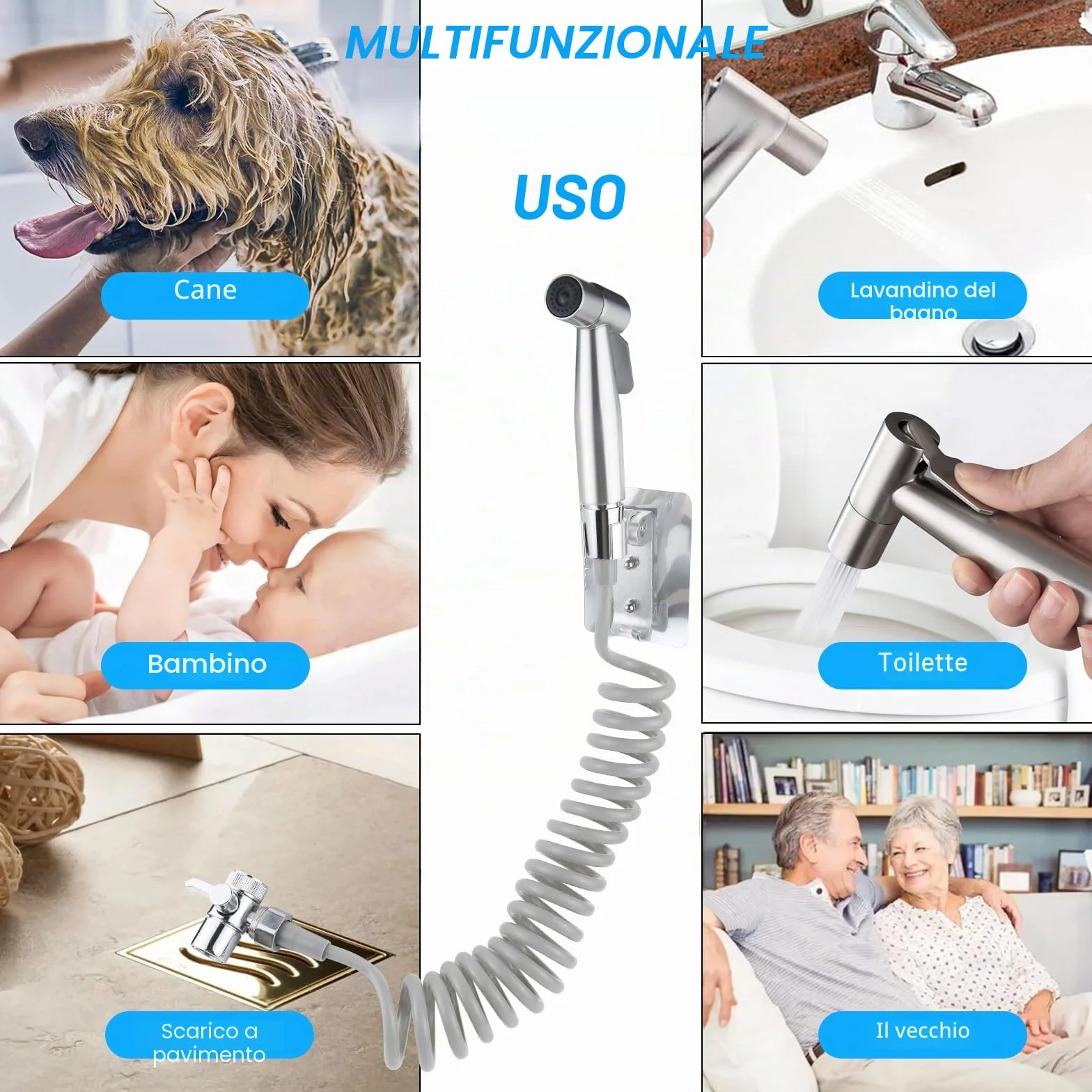 Tubo doccia telescopico 3m con set doccetta bidet, nastro adesivo per spruzzatore