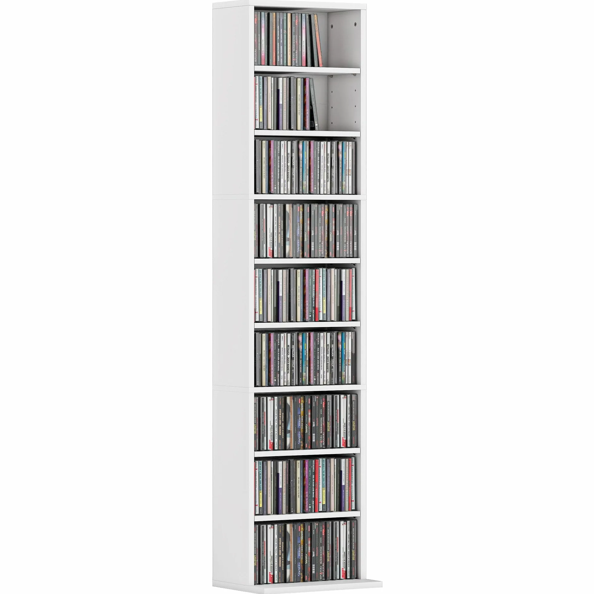HOMCOM Mobile Porta CD con 6 Ripiani Regolabili, Scaffale Porta 260CD/120DVD Salvaspazio in Legno, Mobile Portacd con 9 Scomparti, per Soggiorno, Camera da Letto, Ufficio, 33x24x140 cm, Bianco
