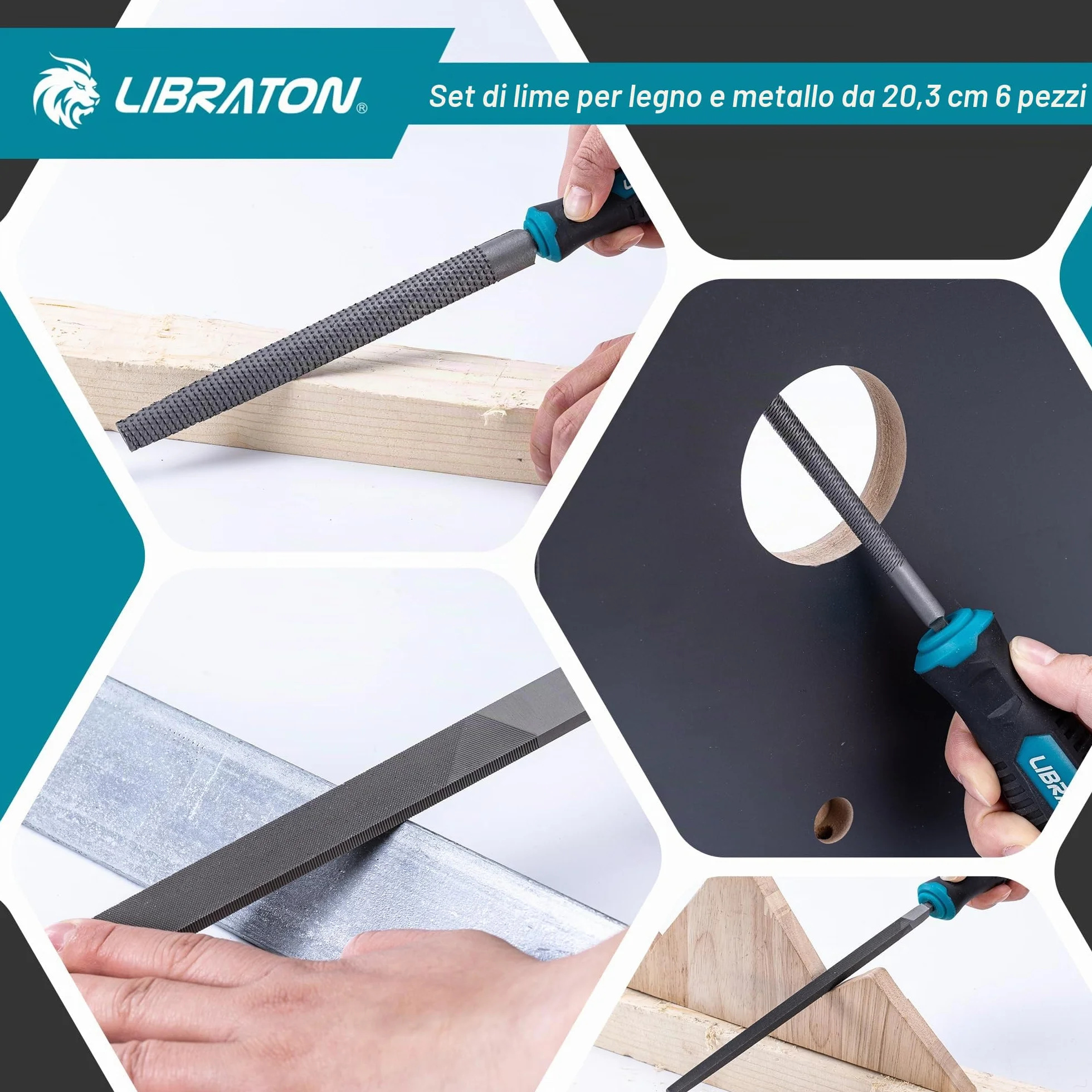 Libraton Set di Lime Metalliche 6 Pezzi 8 Pollici Acciaio al Carbonio Manico in Gomma con Raspa per Legno