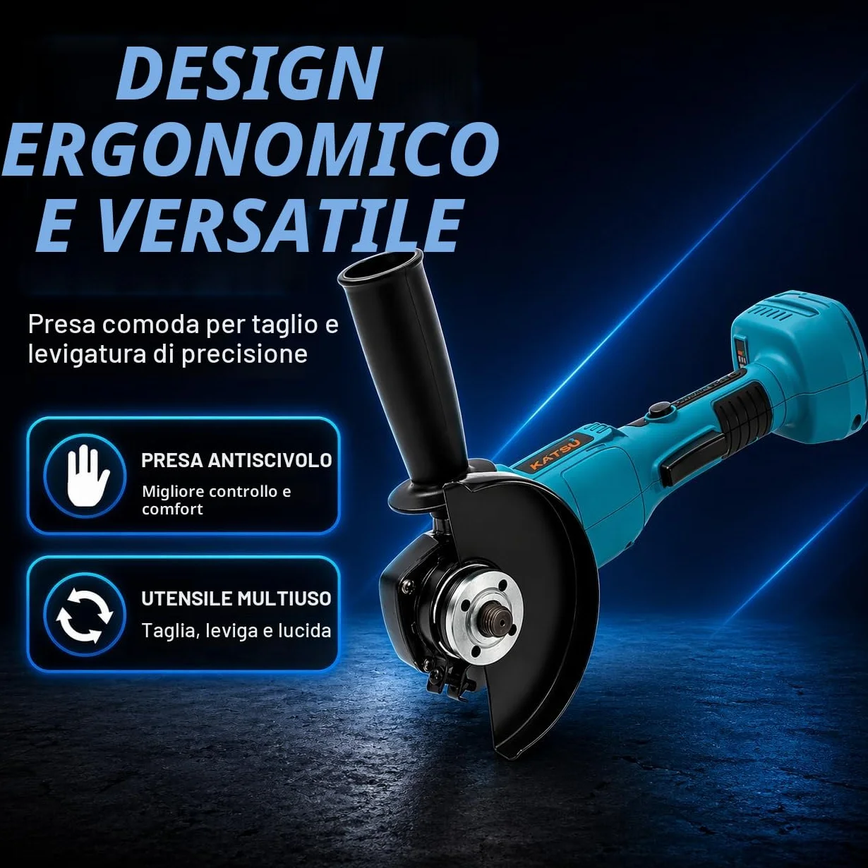 Smerigliatrice Angolare a Batteria Brushless 21V KATSU FIT-BAT, 115mm con Motore Brushless per Taglio Lucidatura Smerigliatura, 3 Velocità, Batterie non Incluse (solo Macchina) 102606