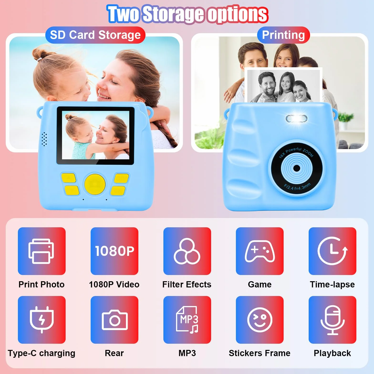 Fotocamera per bambini a stampa istantanea – Fotocamera istantanea 1080P da 6,1 cm, con scheda da 32 G e 3 rotoli di carta fotografica, fotocamera digitale per bambini, giocattoli di Natale e
