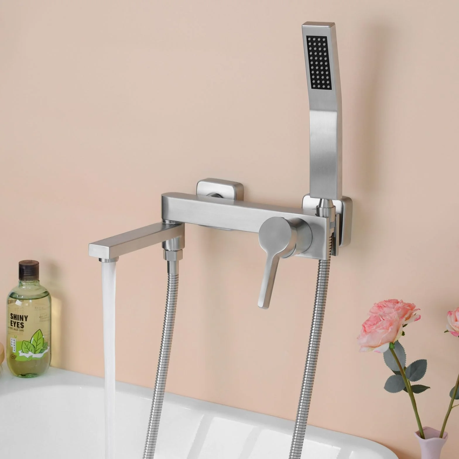 PHASAT Rubinetti per Vasca con Doccetta, Miscelatore per Doccia per Bagno, Rubinetto a Parete Bagno Bocca girevole a 90 °, Nichel Spazzolato PTBL17E