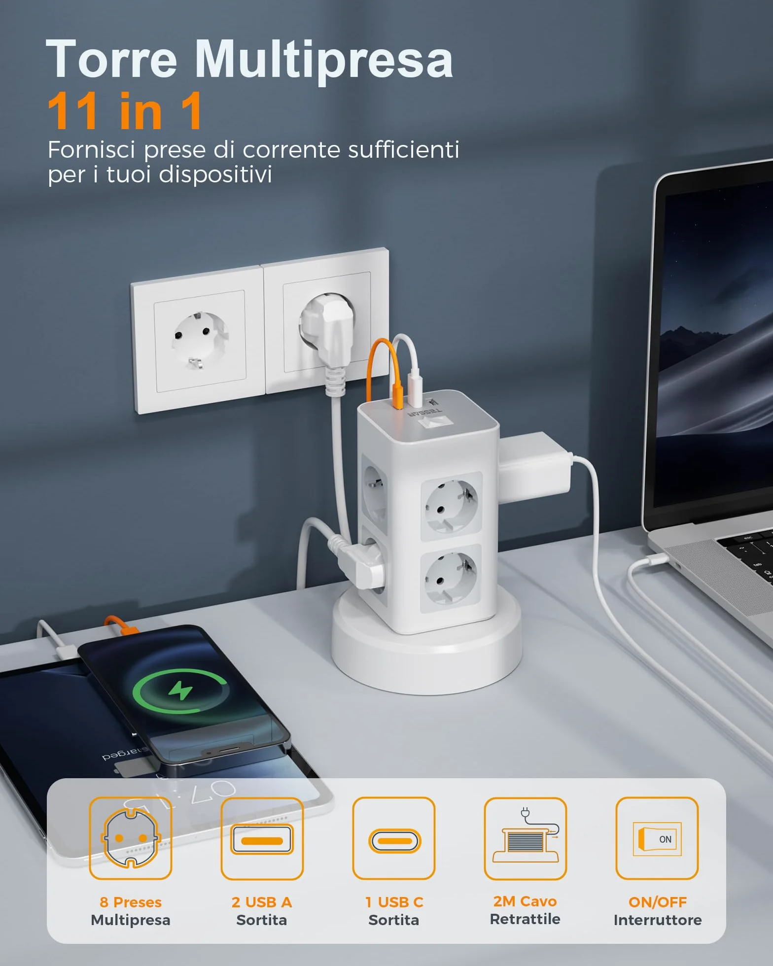 TESSAN Ciabatta Multipresa con 1 USB C, Ciabatta Elettrica con 8 Presa, Prolunga Retrattile 2M, Torretta Multipresa da Scrivania con 1 Interruttori Indipendenti, Girgio