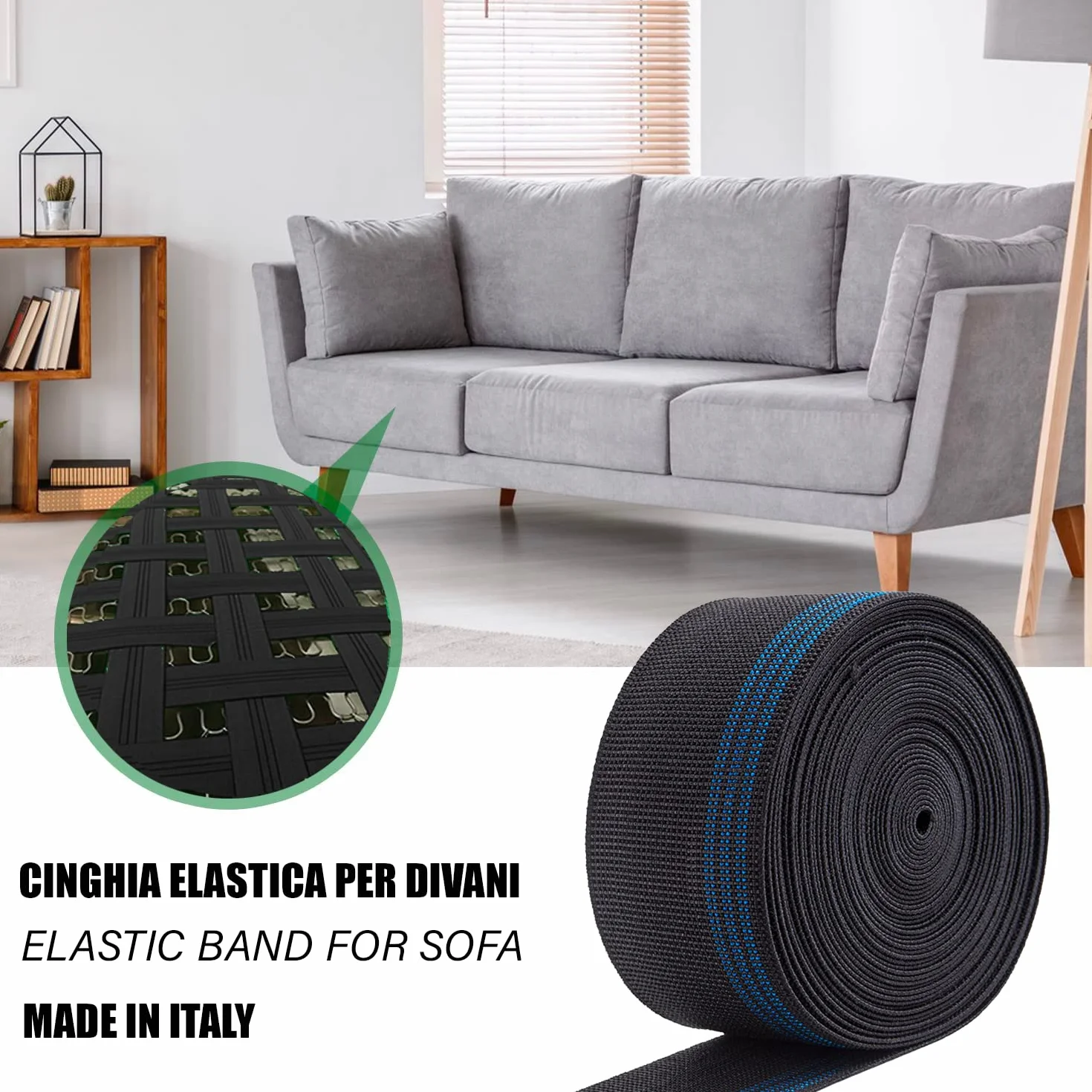 IPEA Cinghia Elastica per Divano, Sedie, Poltrone – [ 10 Metri di Lunghezza ] – Made in Italy - Larga 70 mm - Corda Fascia Tirante a 3 Righe per Tappezzeria, Sedute, Schienali – Elasticità 90%