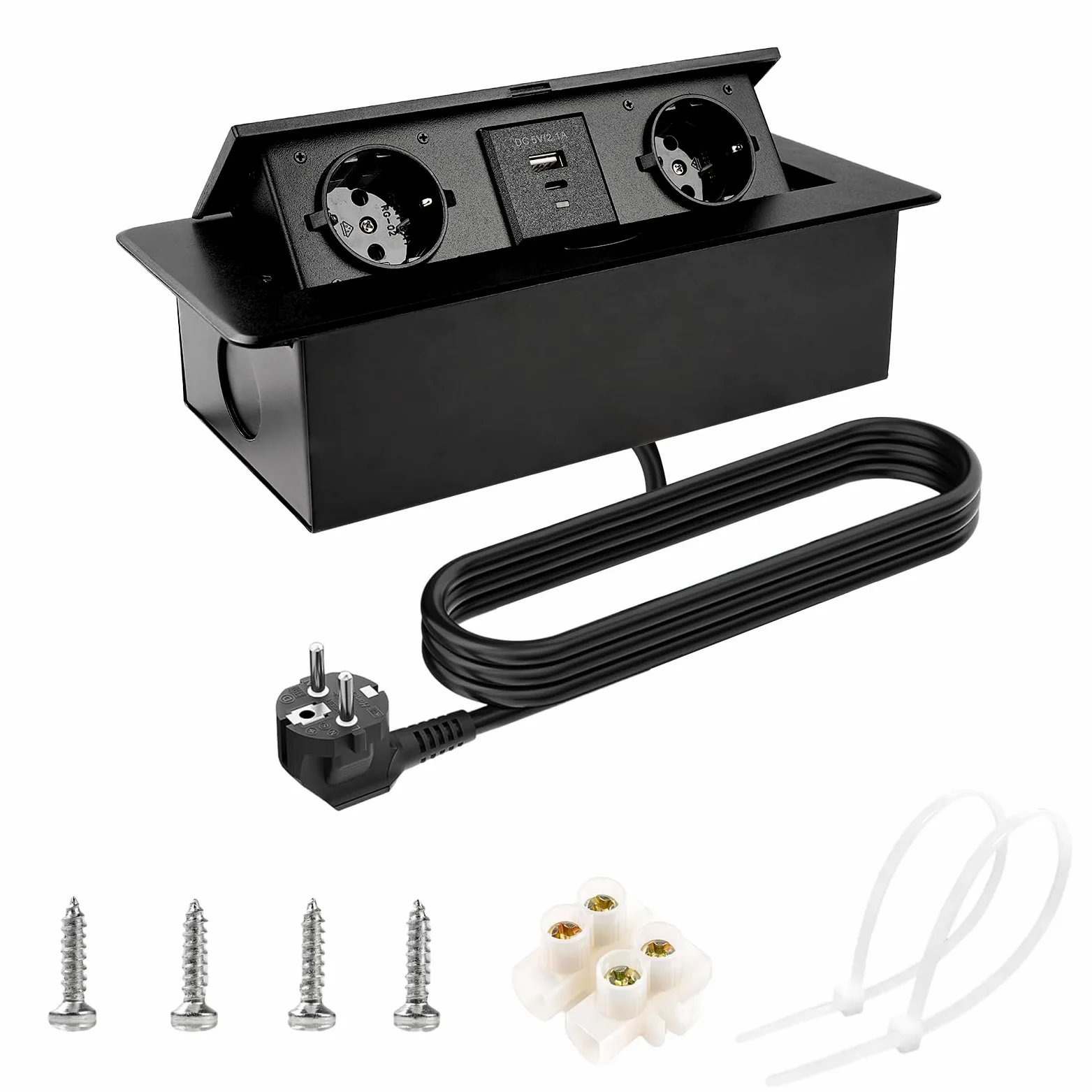 Multipresa da Incasso a Scomparsa con 2 Prese Schuko e USB | 1 USB A e 1 USB C, PD18 W, Cavo 1,8 M, Ciabatta Elettrica a Scomparsa per piano di lavoro, cucina, ufficio, nero