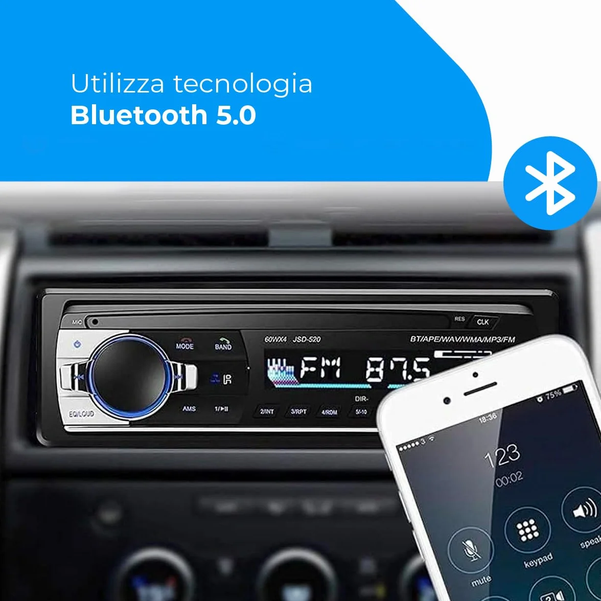 NK Autoradio Bluetooth 4.0 - 1 DIN - 4x40W - Funzione AUX, lettore MP3 e doppia porta USB, suono stereo FM, chiamate in vivavoce, telecomando, display LCD, iOS e Android