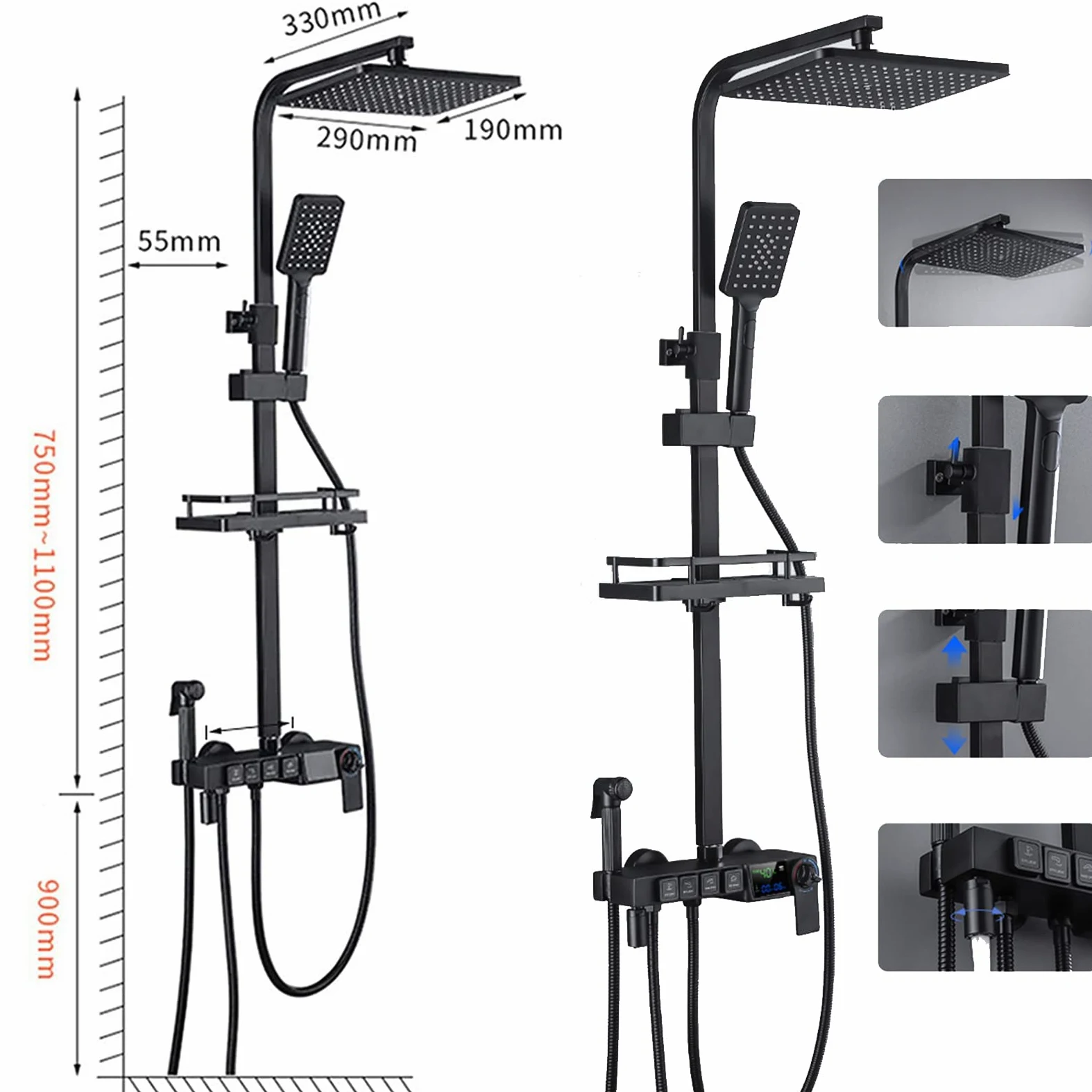 Sistema Doccia Nero con Display Digitale, Set Rubinetto termostatico, Miscelatore in Ottone con soffione a Pioggia, doccetta, doccetta Bidet, beccuccio Vasca, Altezza Doccia Regola