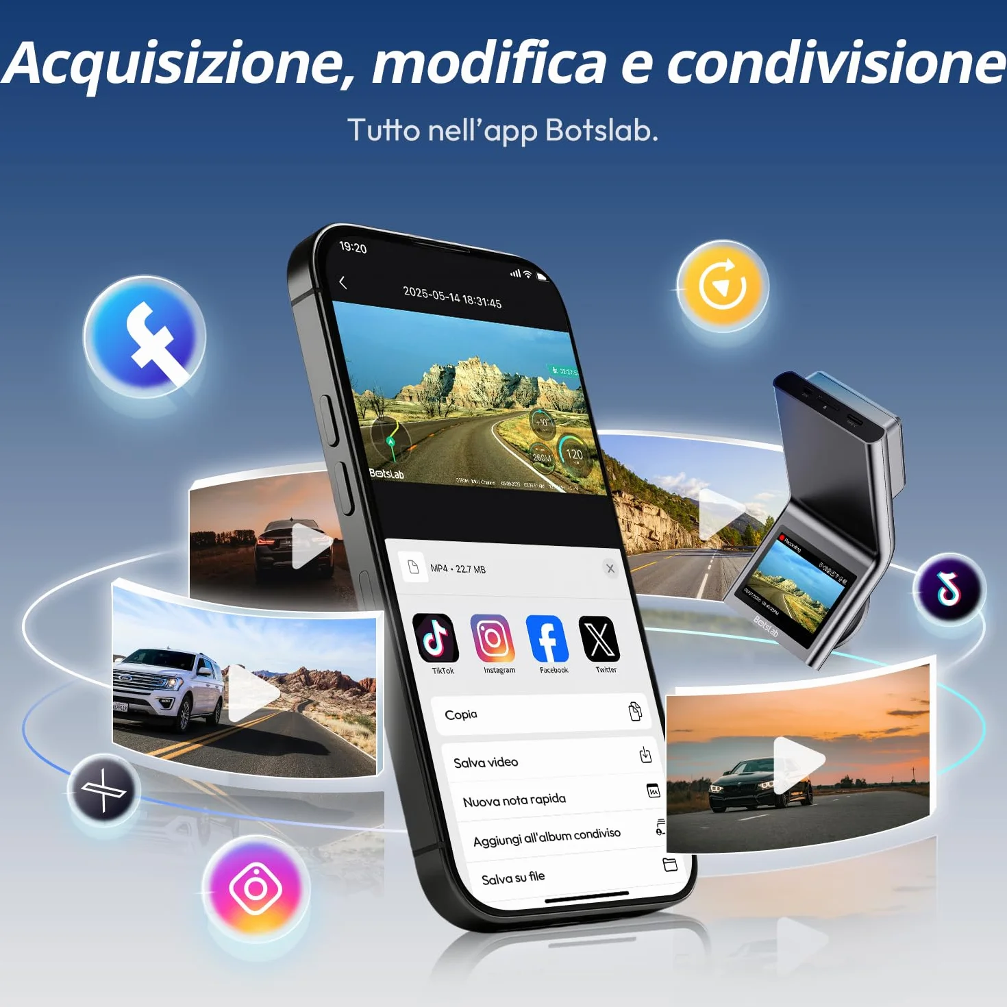 BOTSLAB Dash Cam 4K+1080PFronte Retro Dashcam con Scheda SD 64GB, Dashcam STARVIS 2,WiFi 5G,GPS,WDR Grandangolare a 170, Visione Notturna, WDR,Sensore G, Modalità Parcheggio 24H, Registrazione in Loop