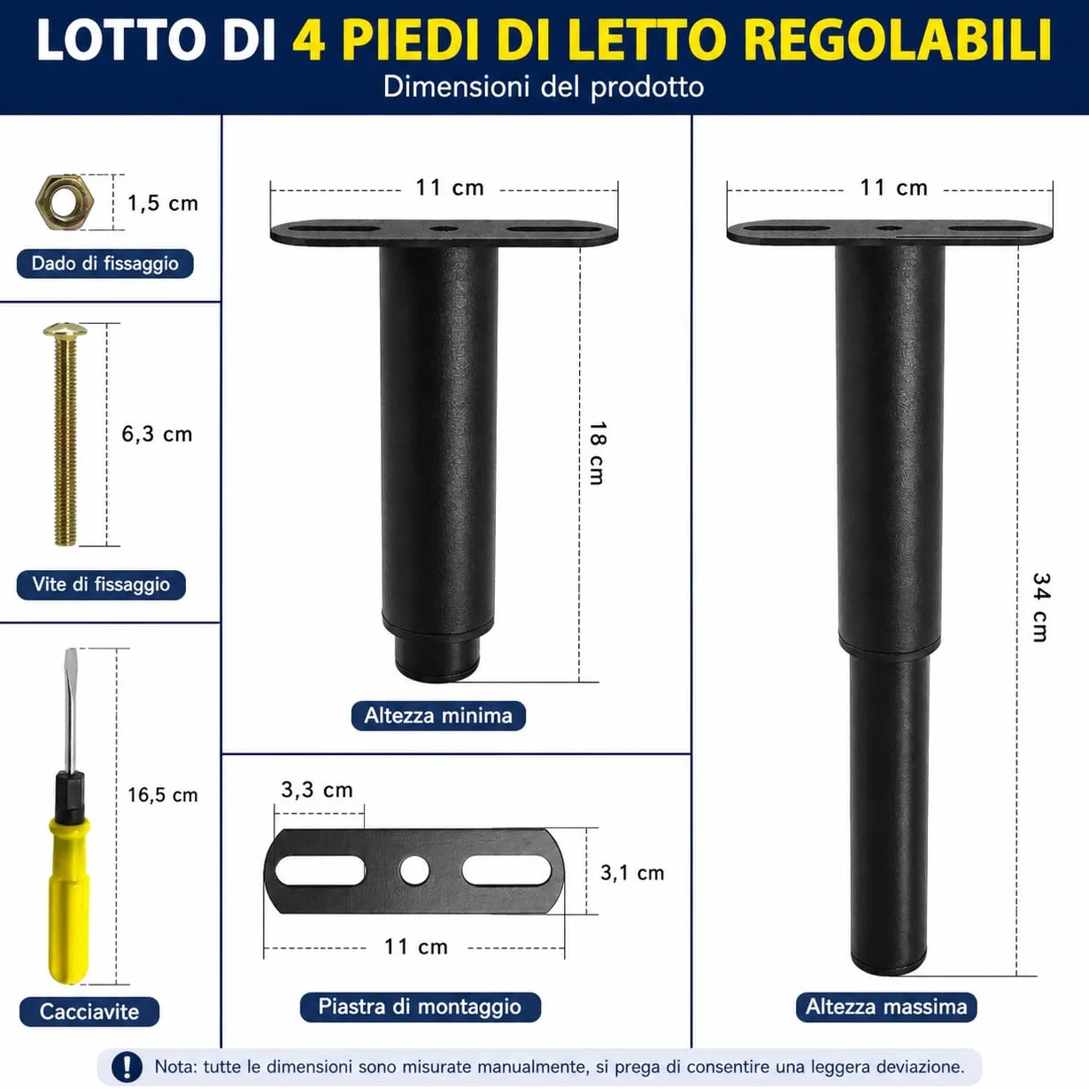 Engelblick 4 Pezzi Piedini per Rete a Doghe in Metallo, Altezza Regolabile 18-34 cm