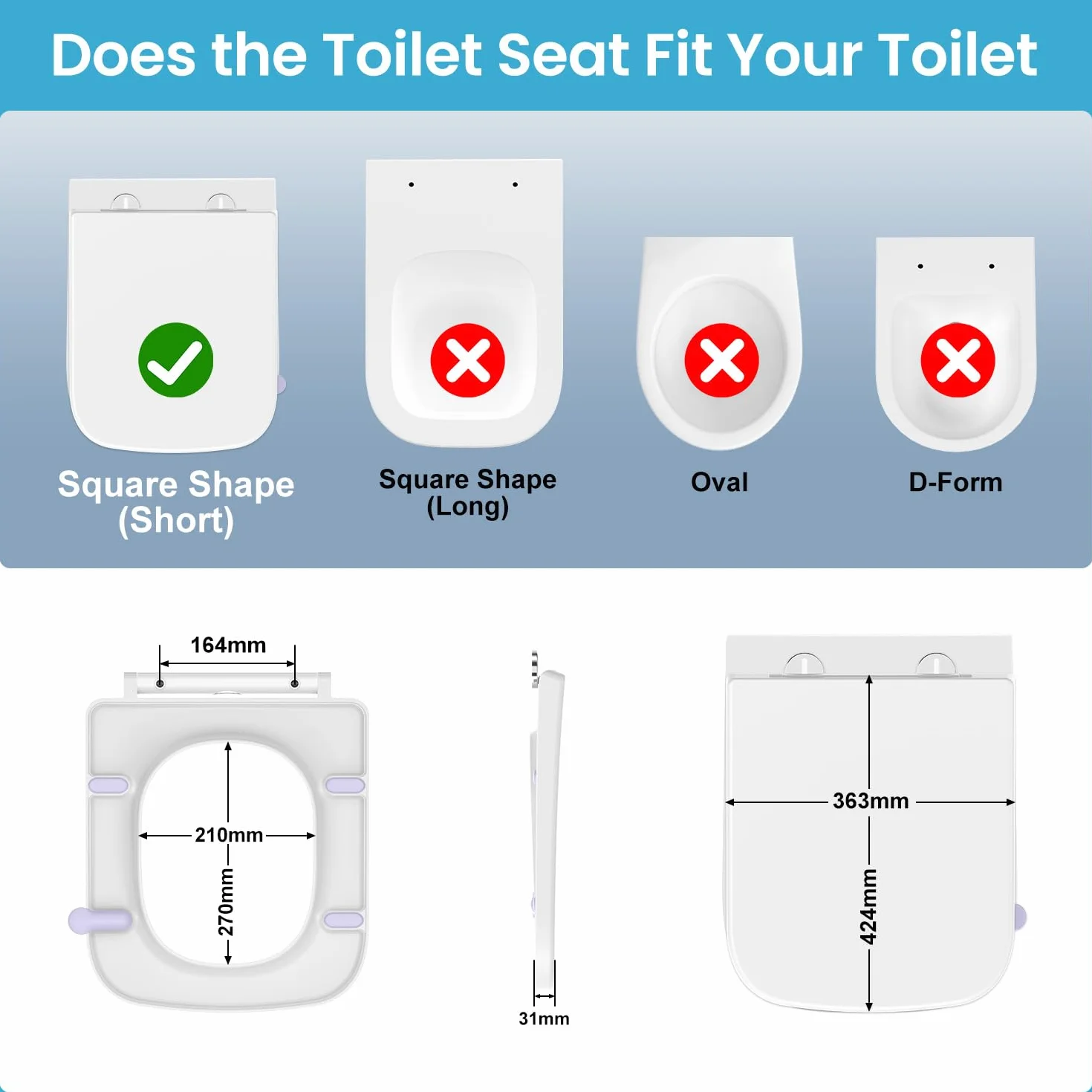 YEAUPE PRO Tavoletta wc Universali Forma quadrata, Sedile WC Urea-Formaldeide Chiusura Ammortizzata tavoletta wc con Sgancio Rapido a un Pulsante,Bianco,42,2 * 36,2 * 4,4CM