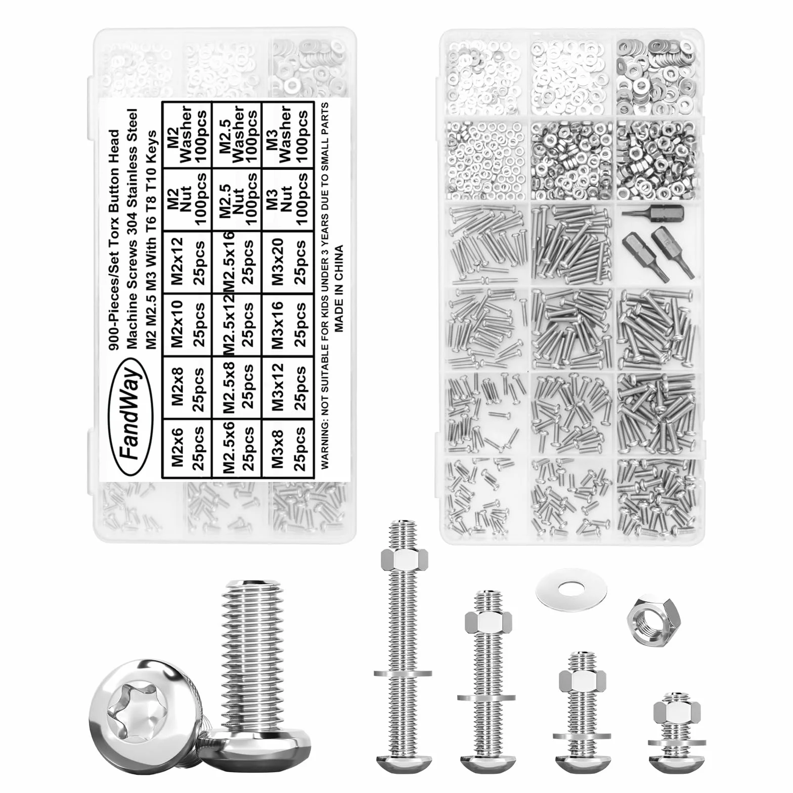Viti per Metallo Torx M2 M2.5 M3, 900 Pezzi Acciaio Inox 304, Bulloni e Dadi